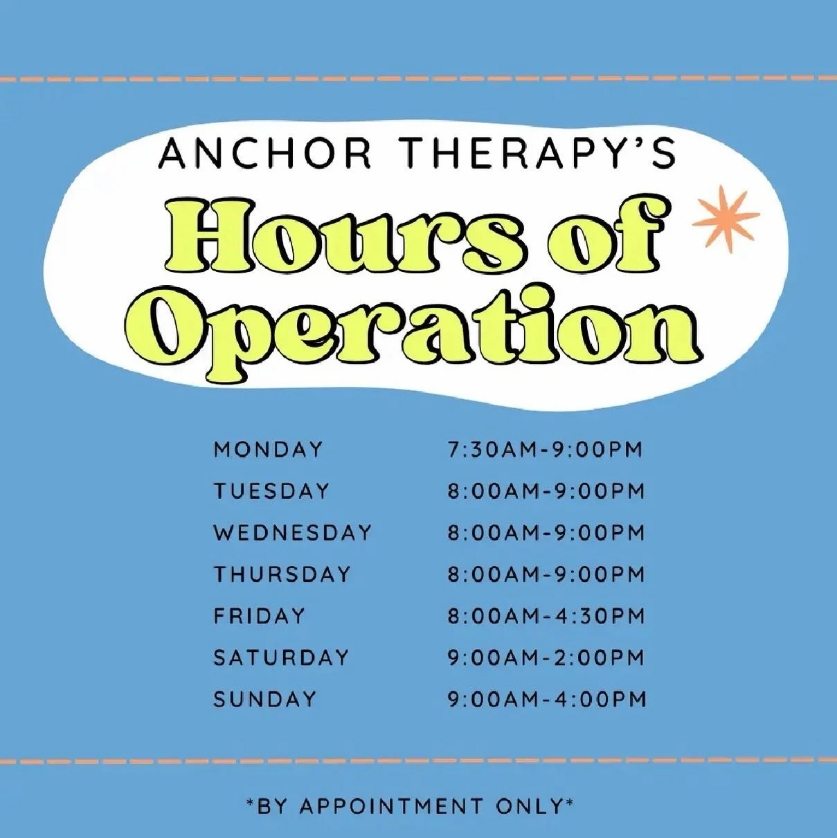 New hours, same steady support at Anchor Therapy!

We&rsquo;re expanding our availability (by appointment only!) to better fit your life:
⚓️ Sundays: 9:00am&ndash;4:00pm
⚓️ Mondays: 7:30am&ndash;9:00pm
⚓️ Tuesdays: 8:00am&ndash;9:00pm
⚓️ Wednesdays: 