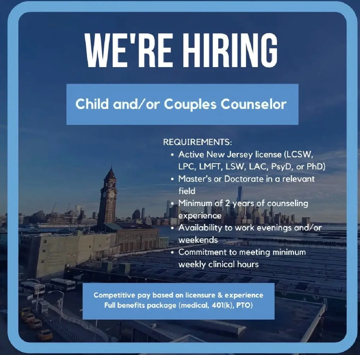 ✨ We&rsquo;re hiring a child and/or couples psychotherapist to join our team!

 As we continue to grow, we&rsquo;re looking for thoughtful, compassionate clinicians to join our New Jersey-based group practice. We welcome part-time and full-time LSW, 