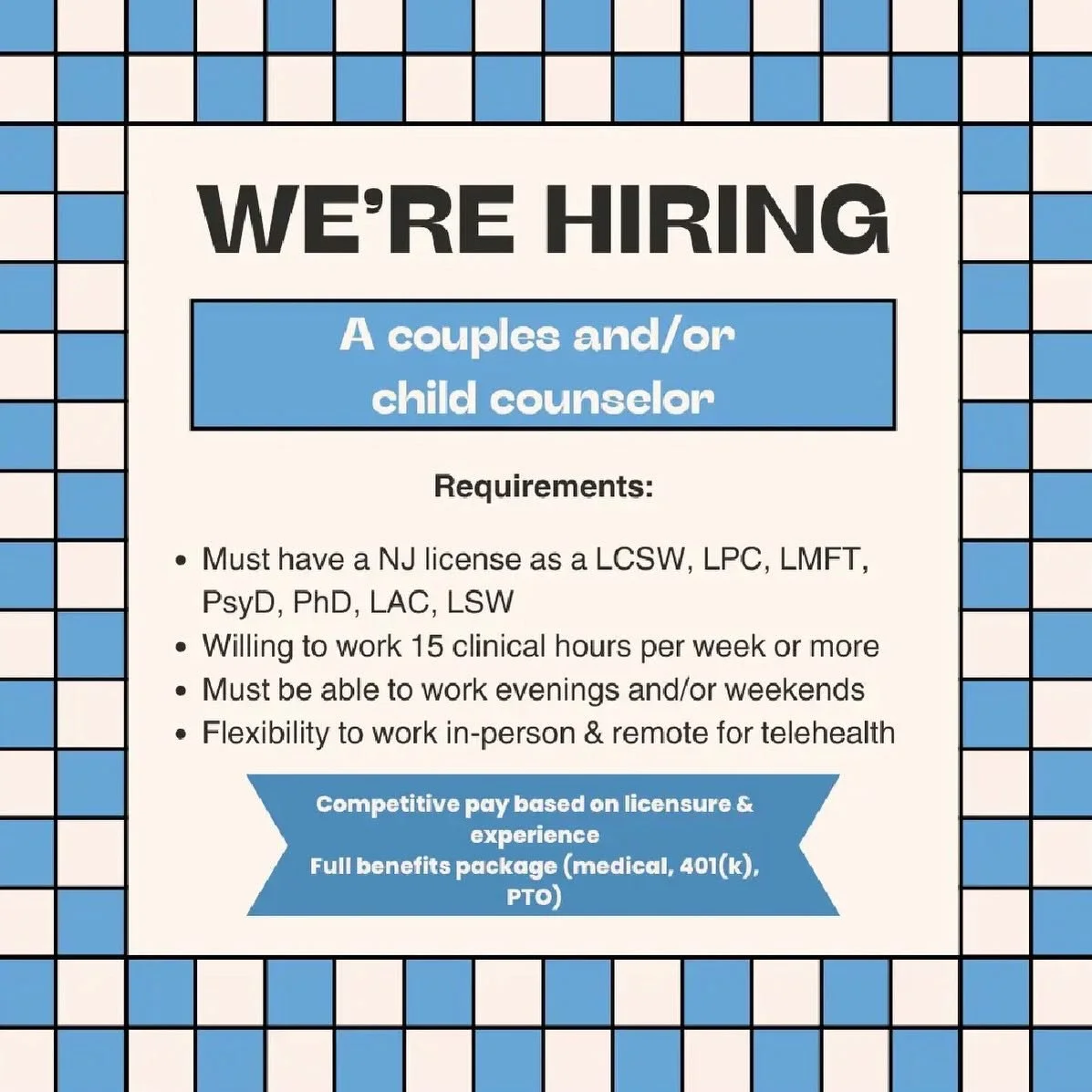 ✨ We&rsquo;re hiring a child and/or couples psychotherapist to join our team!

 As we continue to grow, we&rsquo;re looking for thoughtful, compassionate clinicians to join our New Jersey-based group practice. We welcome part-time and full-time LSW, 