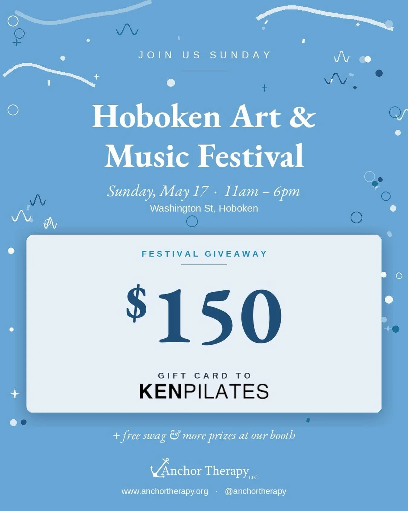 Hoboken, we&rsquo;re so excited for the Arts &amp; Music Festival! 🎨🎵 Come find the Anchor Therapy booth at the Hoboken Art &amp; Music Festival this Sunday, May 17 from 11am to 6pm on Washington St. Stop by, say hi, and enter our giveaway for a ch