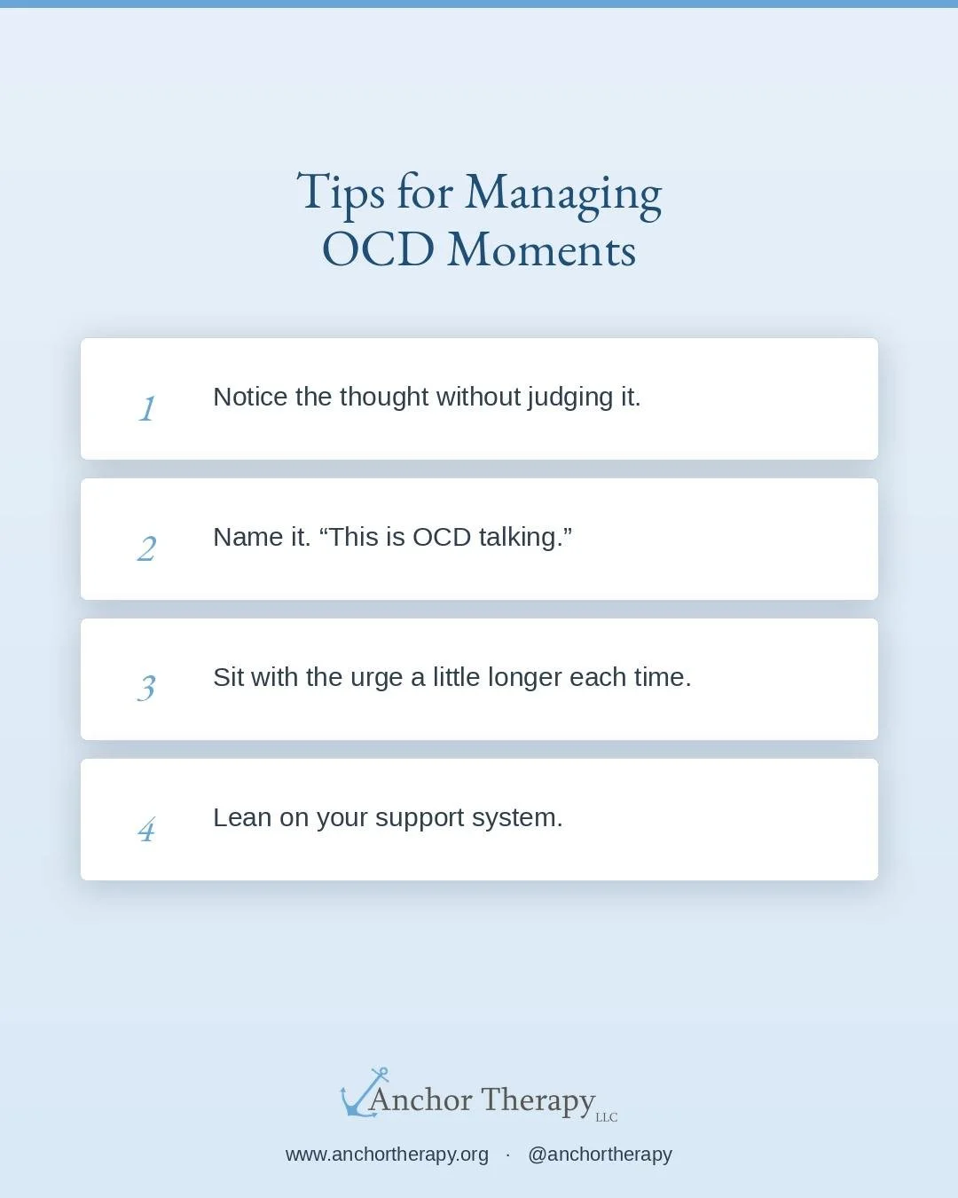 OCD can make a thought feel like an emergency when it's not. These moments pass more easily when you have a few small tools to lean on.

If any of this feels familiar, you're not alone in it.
.
.
.
#OCDAwareness #MentalHealthMatters #TherapyWorks #Ho