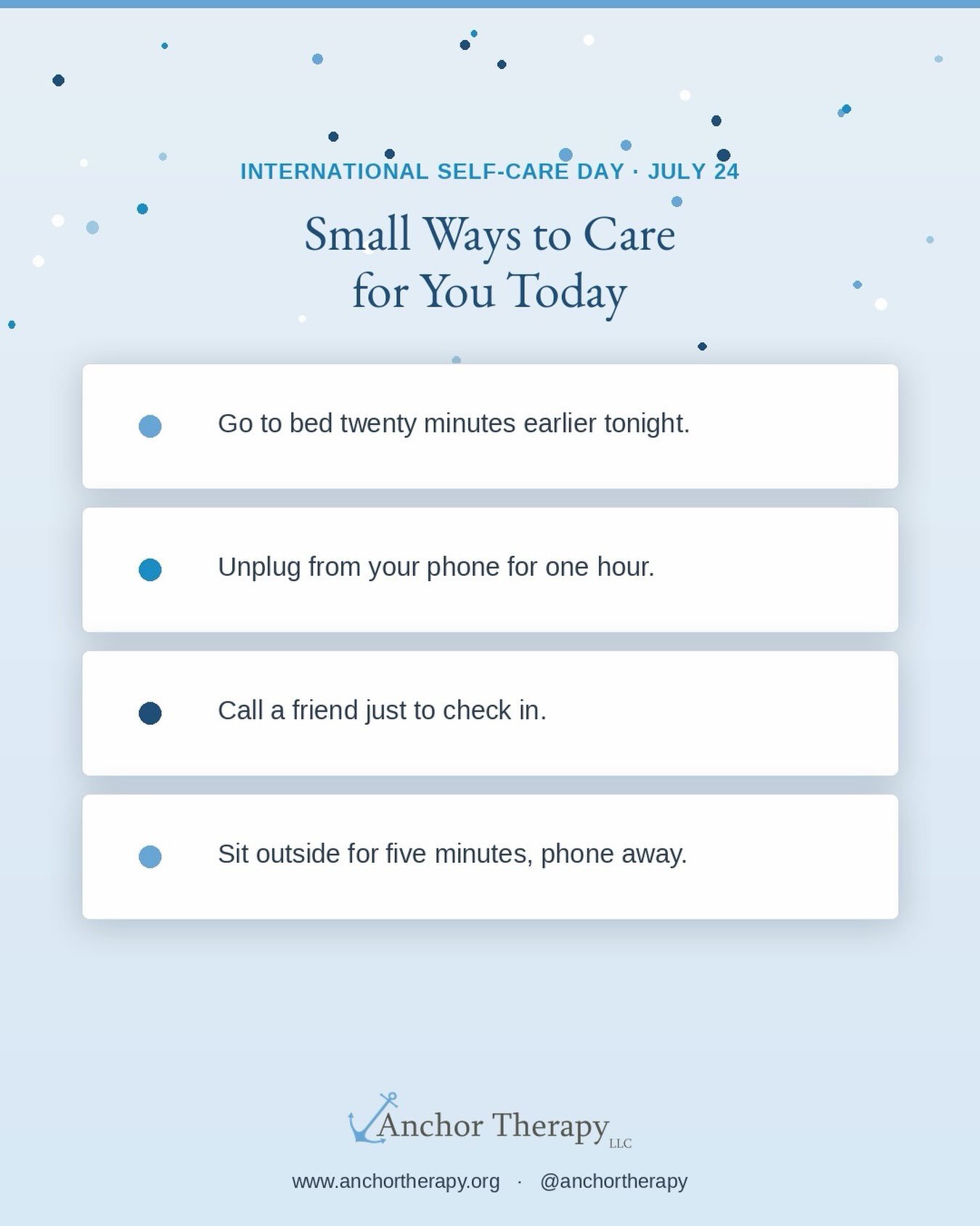 Self-care isn&rsquo;t always a spa day. Sometimes it&rsquo;s going to bed twenty minutes earlier or letting a text sit unanswered for a little while.

Today is International Self-Care Day, a good reminder that small, consistent care for yourself coun