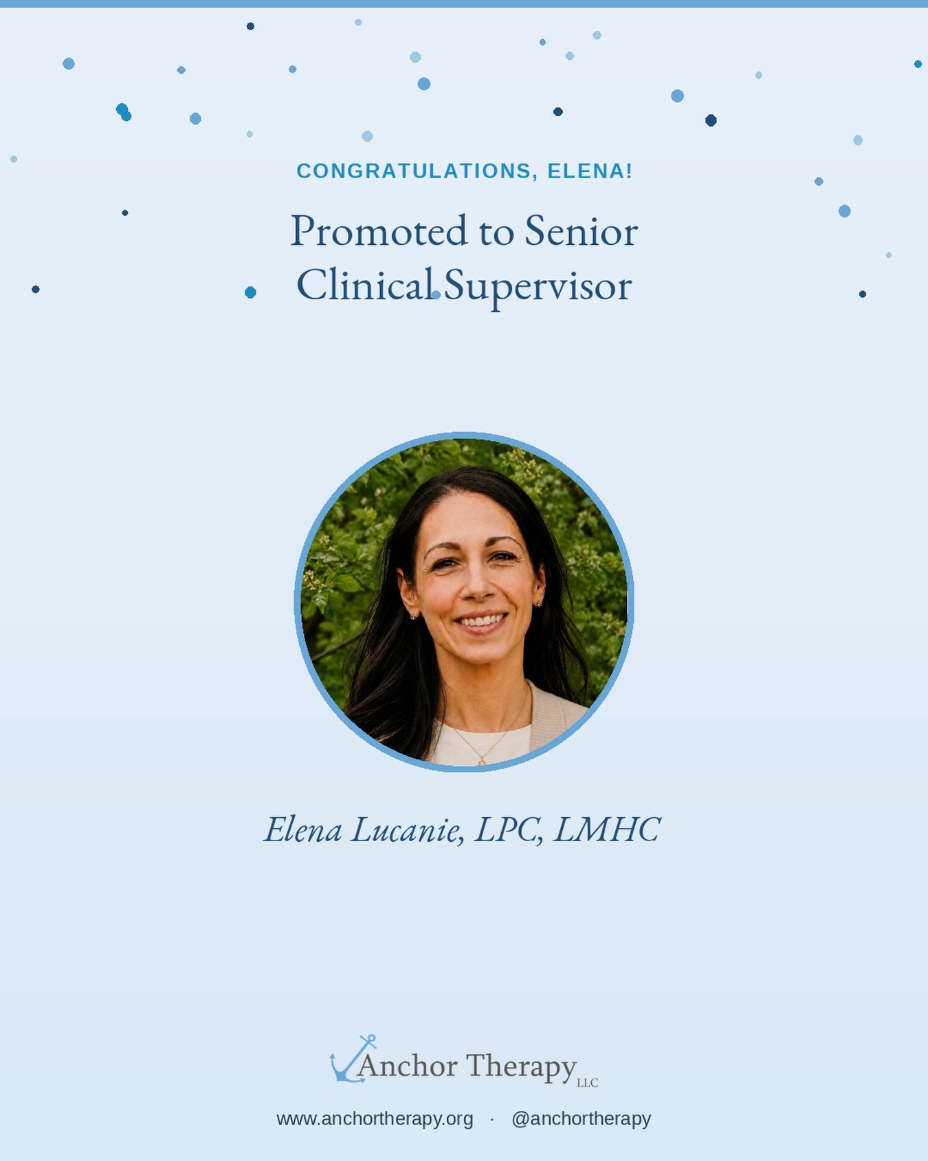 We&rsquo;re so proud to celebrate a well-earned promotion. 

Elena Lucanie has been part of Anchor Therapy for nearly six years, and in that time she&rsquo;s become one of the clinicians our whole team relies on.

Elena&rsquo;s work as a clinical sup