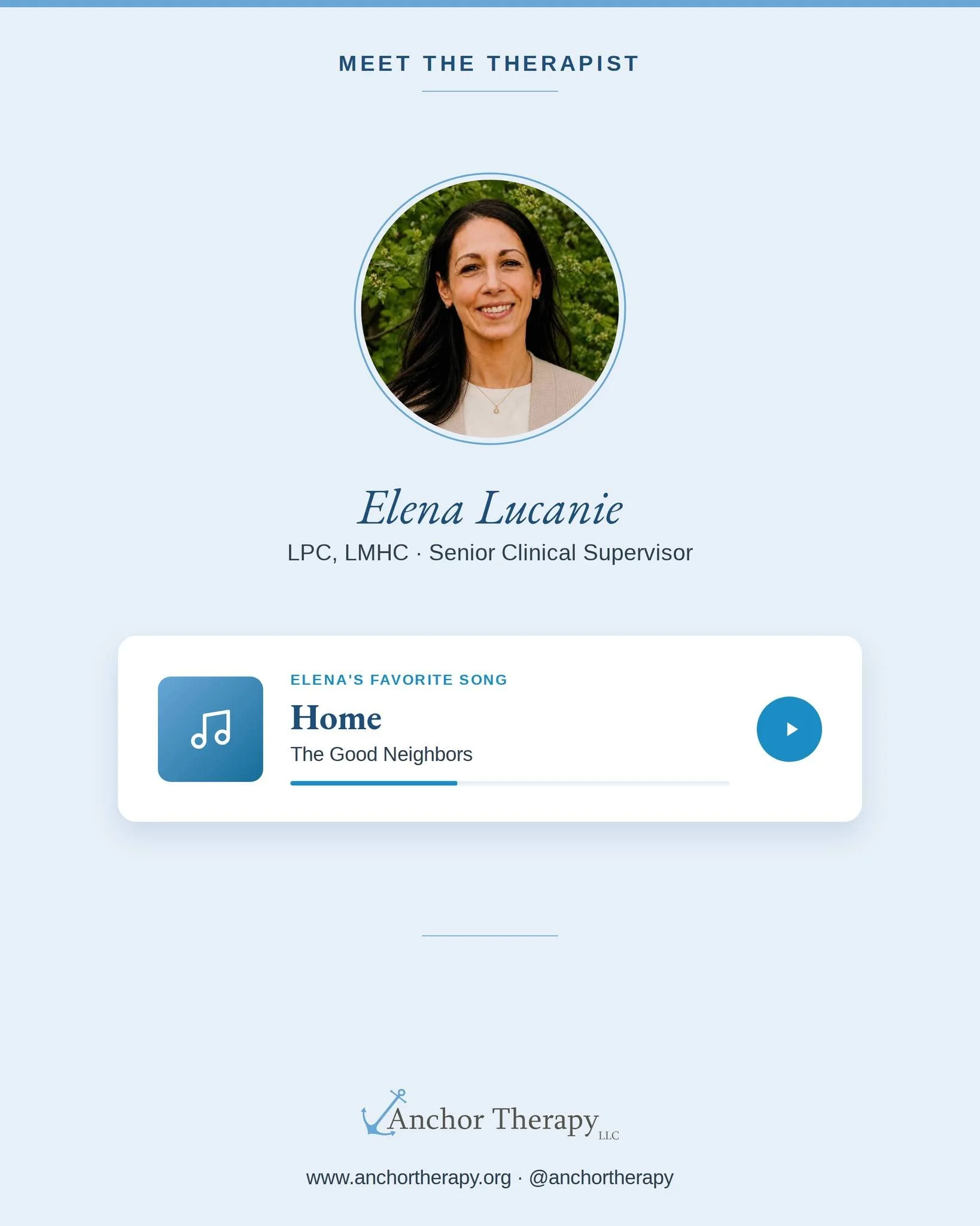 Meet Elena Lucanie, LPC, LMHC, our Senior Clinical Supervisor and psychotherapist!

We're kicking off our new Meet the Therapist series where our therapists share the songs they can't stop playing. First up is Elena's pick: "Home" by The Go