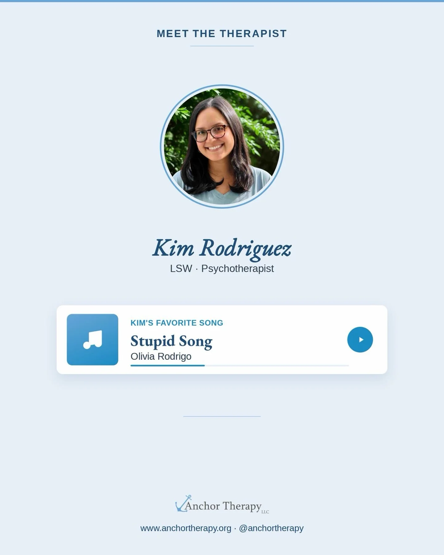 Meet Kim Rodriguez, LSW, our psychotherapist!

As part of our Meet the Therapist series, our therapists share the songs they can&rsquo;t stop playing. Kim&rsquo;s pick: &ldquo;Stupid Song&rdquo; by Olivia Rodrigo.

Kim specializes in:
⚓Anxiety
⚓CBT
⚓