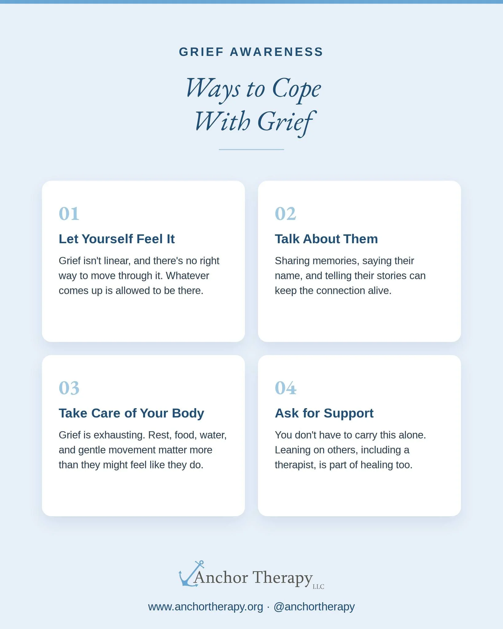 Grief doesn't move in a straight line, and there's no single right way through it. A few gentle reminders for the harder days: let yourself feel it, keep talking about them, take care of your body, and ask for support when you need it. You don't have