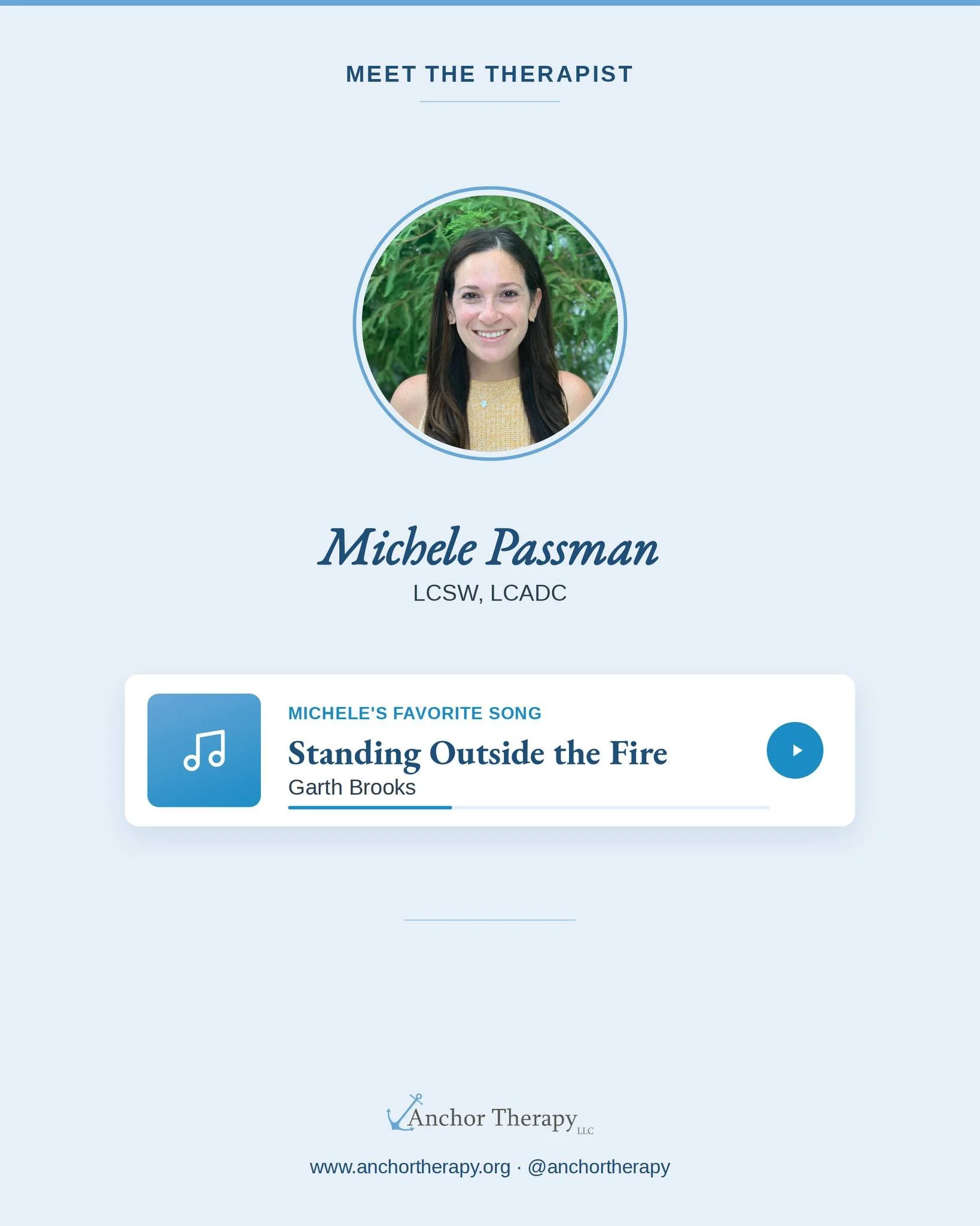 Meet Michele Passman, LCSW, LCADC, our psychotherapist and Clinical Director!

As part of our Meet the Therapist series, our therapists share the songs they&rsquo;re playing on repeat. Michele&rsquo;s pick is &ldquo;Standing Outside the Fire&rdquo; b