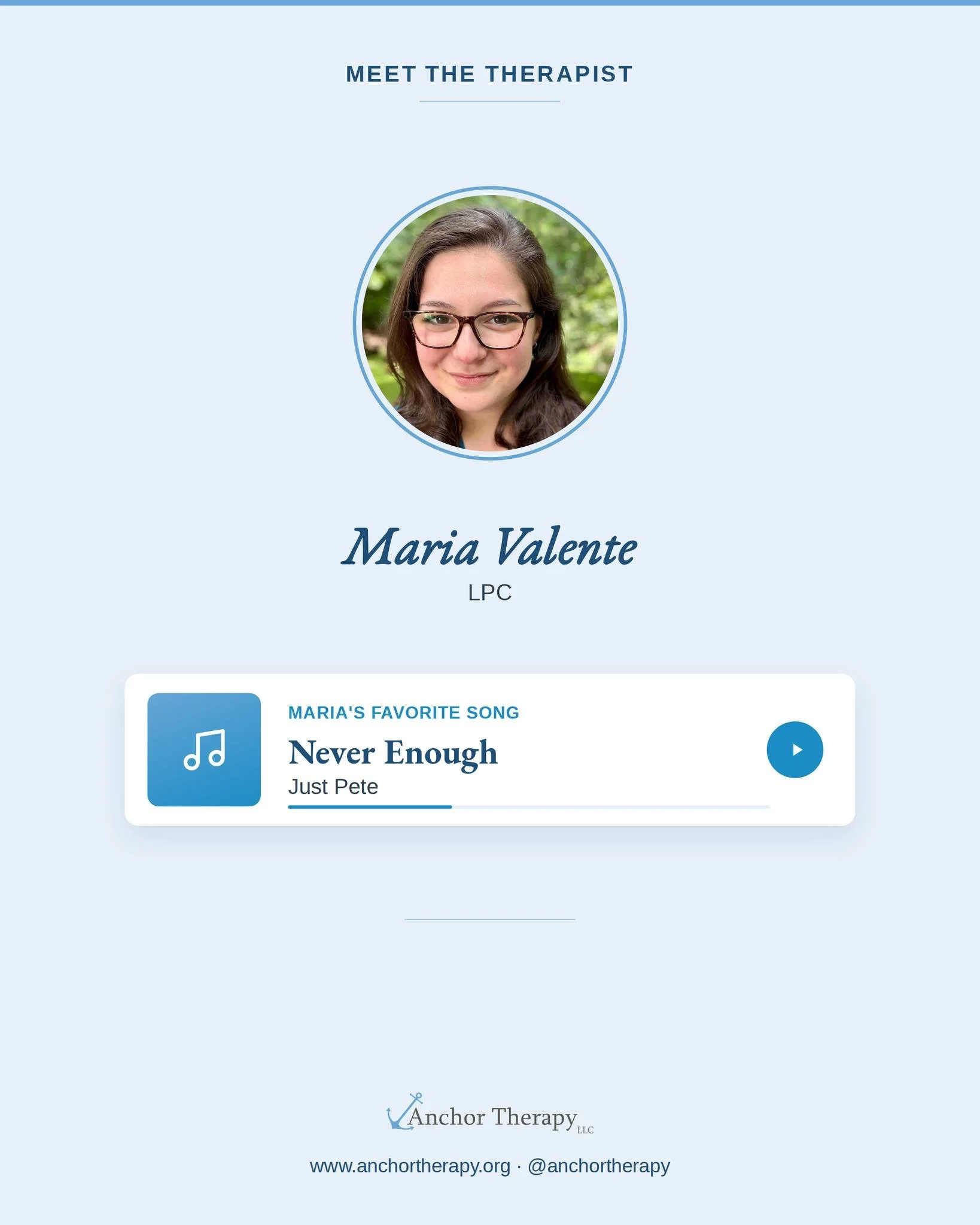 Meet Maria Valente, LPC our psychotherapist!

As part of our Meet the Therapist series, our therapists share the songs they&rsquo;re playing on repeat. Maria loves &ldquo;Never Enough&rdquo; by Just Pete.

Maria specializes in:
⚓Addiction &amp; Subst