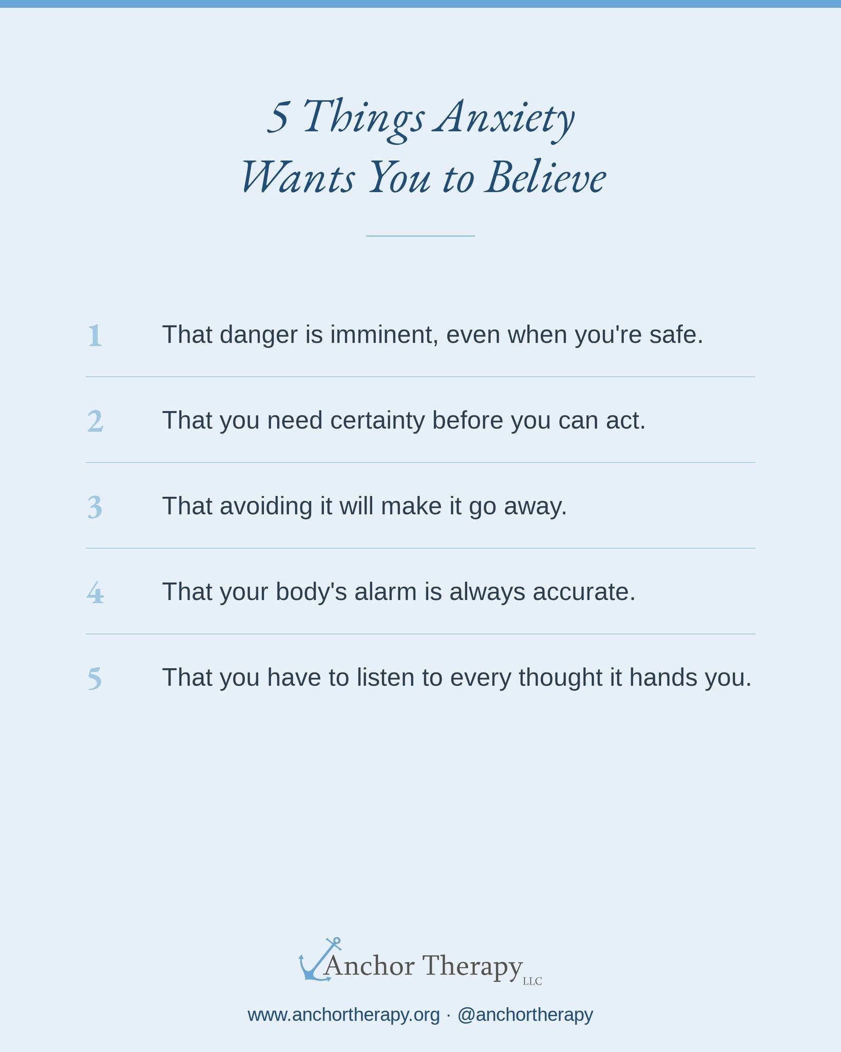 Anxiety is very convincing, but it isn't always accurate. It tells you danger is close even when you're safe, that you need certainty before you can move, that avoiding things will make them go away. None of that has to be true just because it feels 