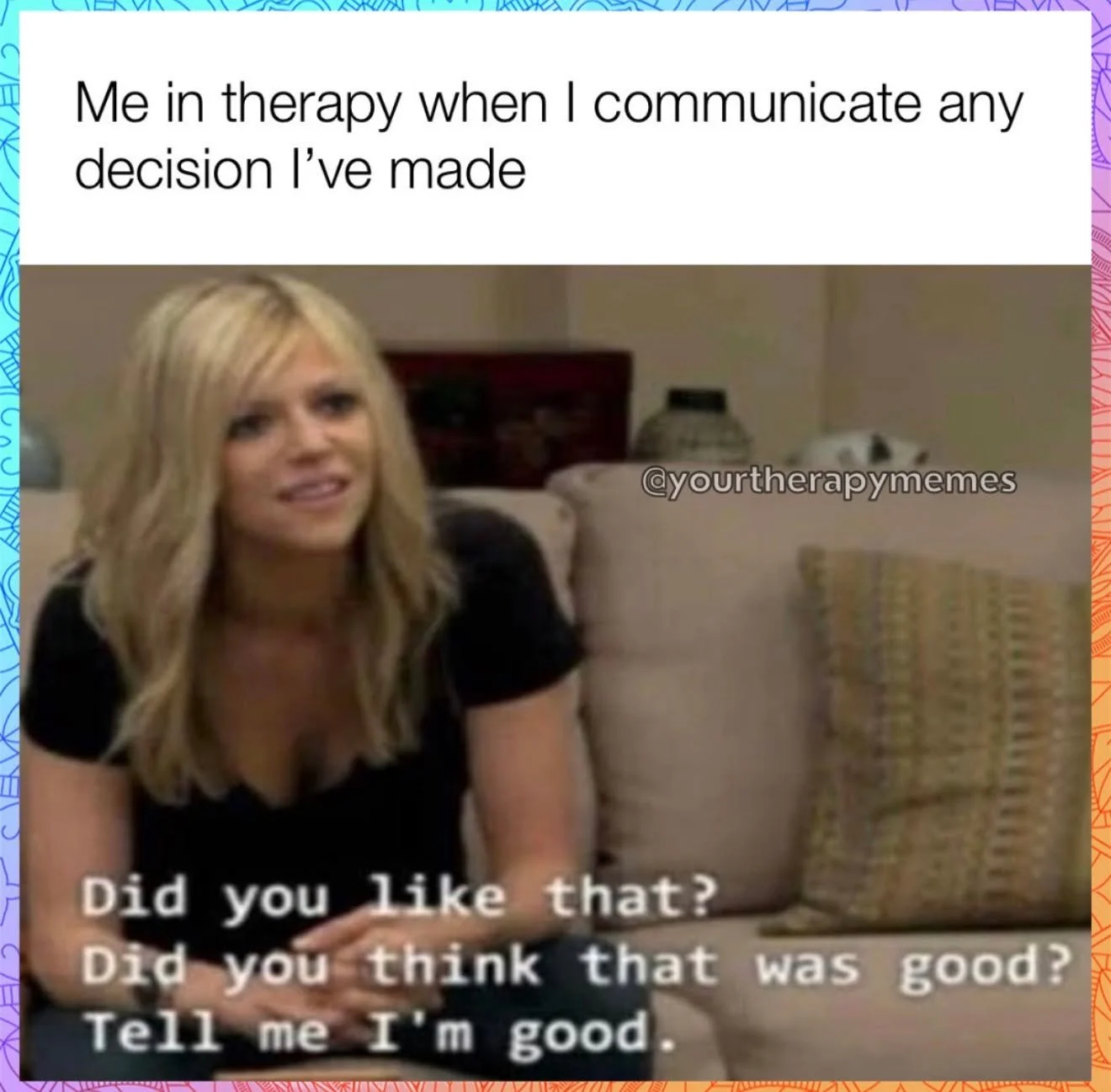 The healthiest decision you'll ever make, immediately followed by an intense need for outside validation that it was in fact healthy. Growth and approval-seeking really can coexist. 😂
.
.
.
#TherapyMemes #MentalHealthHumor #RelatableContent #Therapy