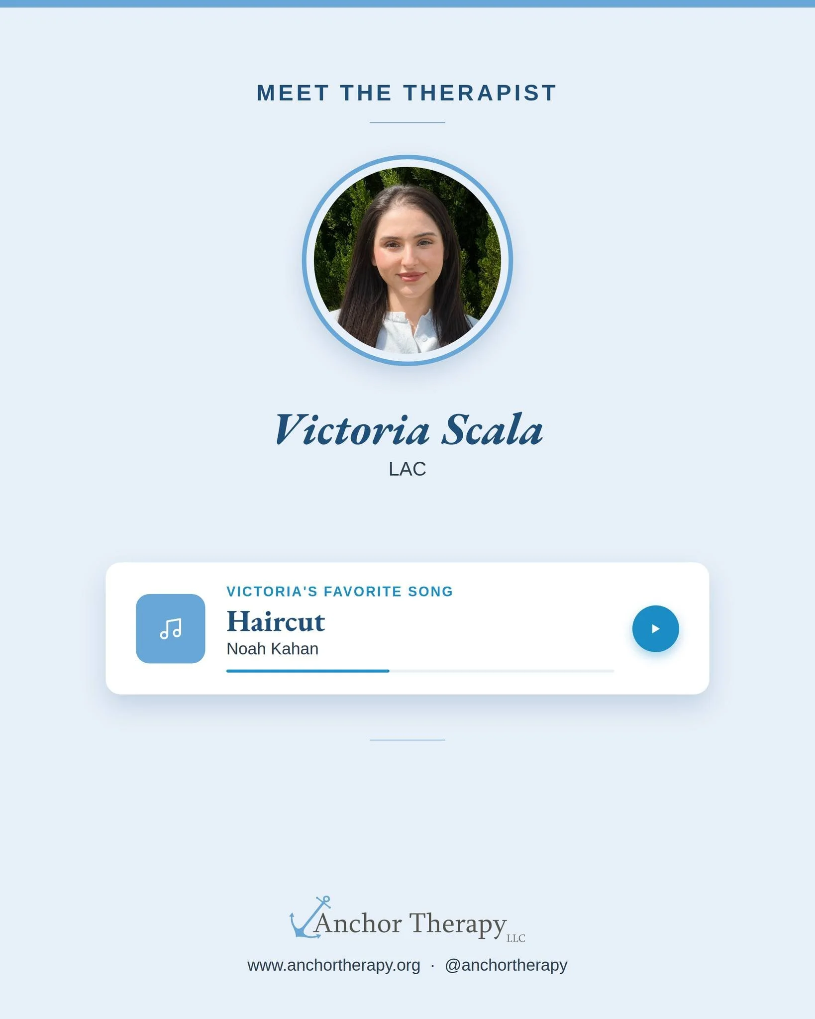 Meet Victoria Scala, LAC our psychotherapist, Social Media Manager, Community Engagement Director, and Office Manager! 

As part of our Meet the Therapist series, our therapists share the songs they&rsquo;re playing on repeat. Victoria&rsquo;s pick i