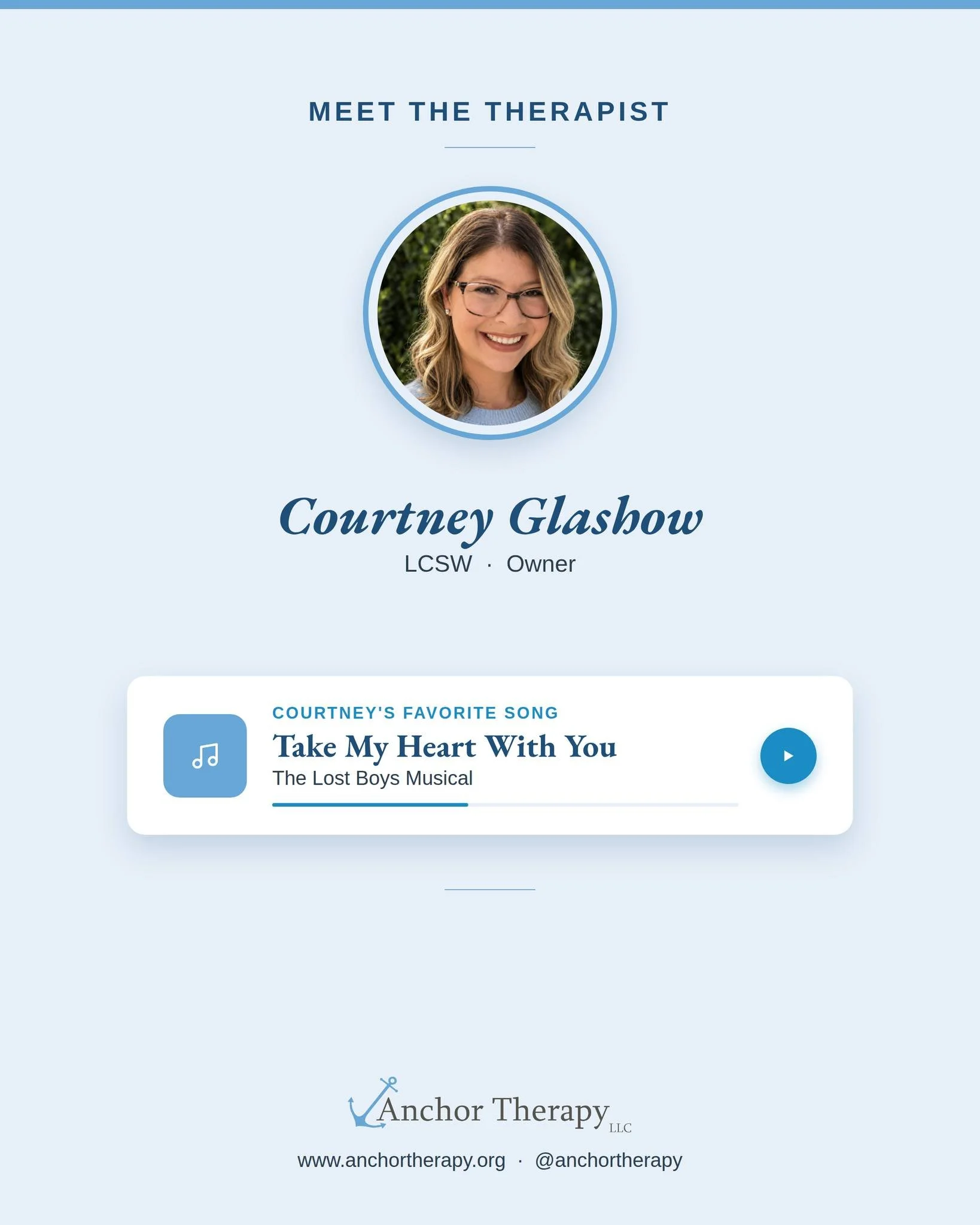 Meet Courtney Glashow, LCSW our owner and psychotherapist! 

As part of our Meet the Therapist series, our therapists share the songs they&rsquo;re playing on repeat. Courtney&rsquo;s pick is &ldquo;Take My Heart With You&rdquo; by The Lost Boys Musi