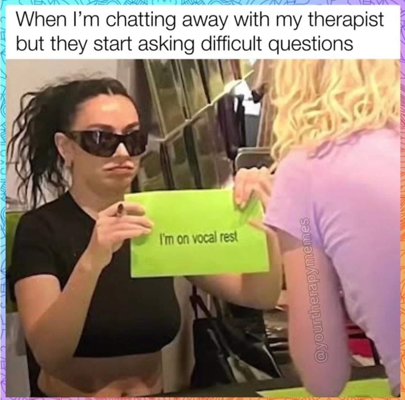 We've all been there&hellip; Some days you just need to hand over the "I'm on vocal rest" sign. 😅 Therapy works best when you show up as you are, difficult questions and all (but hey, we'll take the silence too).
.
.
.
#TherapyMemes #Menta