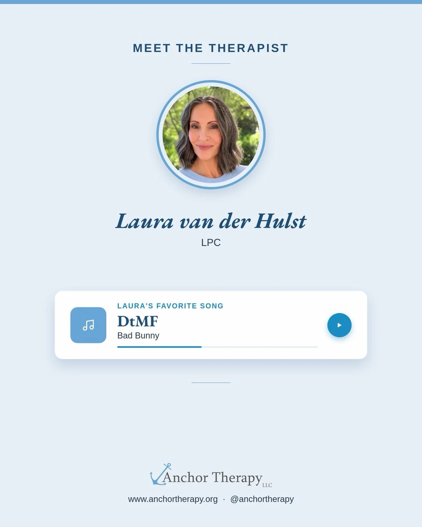 Meet Laura van der Hulst, LPC, a psychotherapist!

As part of our Meet the Therapist series, our therapists share the songs they&rsquo;re playing on repeat. Laura has had &ldquo;DtMF&rdquo; by Bad Bunny on repeat for at least a year.

Laura specializ