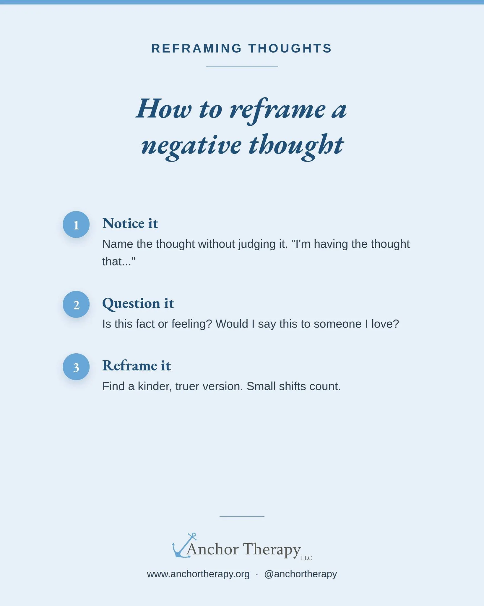 Not every unhelpful thought needs to be argued with. Sometimes it just needs a second look. Notice it, ask if it's fact or feeling, then find a kinder way to say the same thing to yourself. Small shifts add up over time!
.
.
.
#AnchorTherapy #NJThera