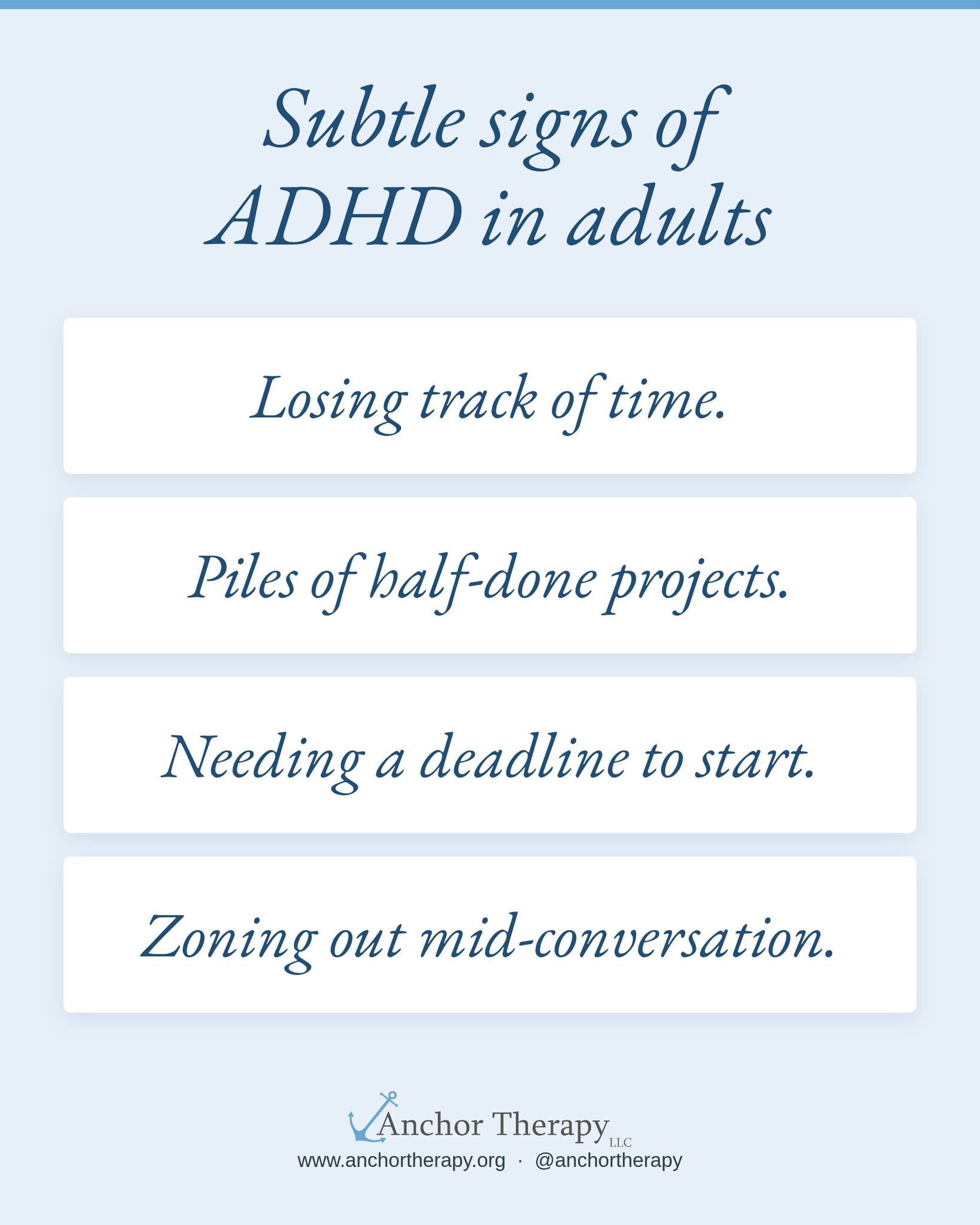 ADHD in adults doesn&rsquo;t always look like the hyperactive kid in the back of the classroom. Often it&rsquo;s quieter: losing track of time, starting projects that never quite get finished, or needing a deadline before you can begin.

These are co