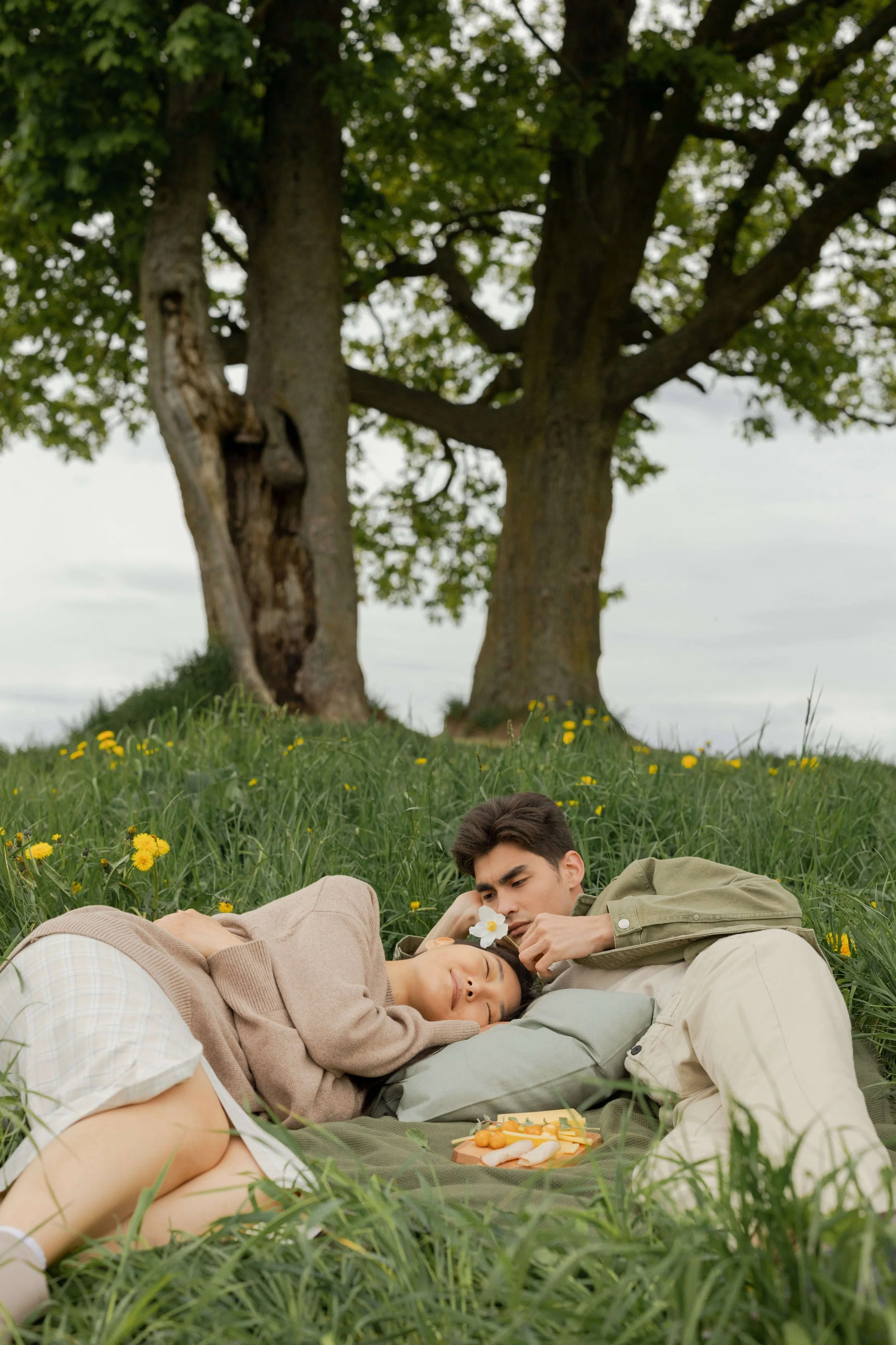 Affectionate young couple lying close in the grass showing the intense early affection of love bombing, Hoboken NJ relationship therapy