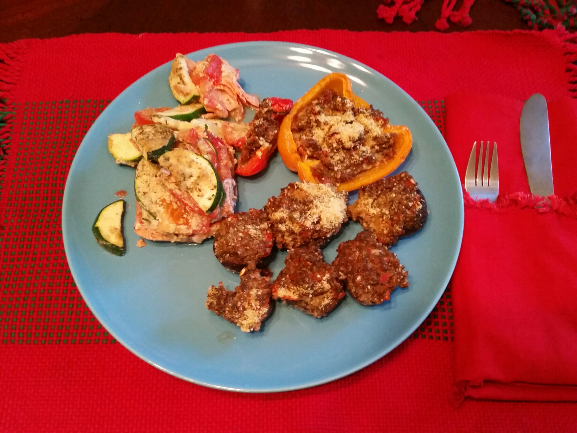 Baked Salmon & Veggies,  Stuffed Bell Pepper & Mushrooms