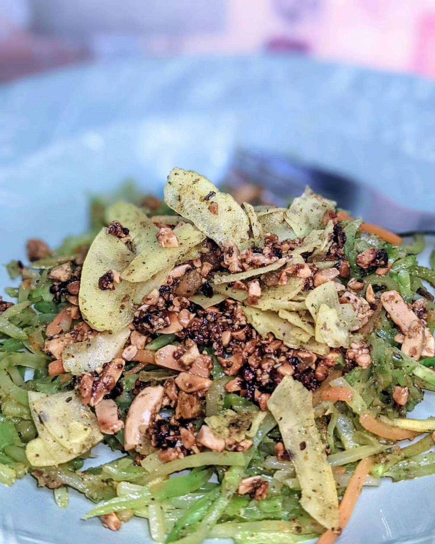 This salad is not only simple, but quick &amp; nutrient dense.

The veggie layer is saut&eacute;ed broccoli slaw, it is topped with almond faux meat &amp; faux bacon using coconut flakes. Each layer is seasoned using my Mushroom Stock Powder you can 