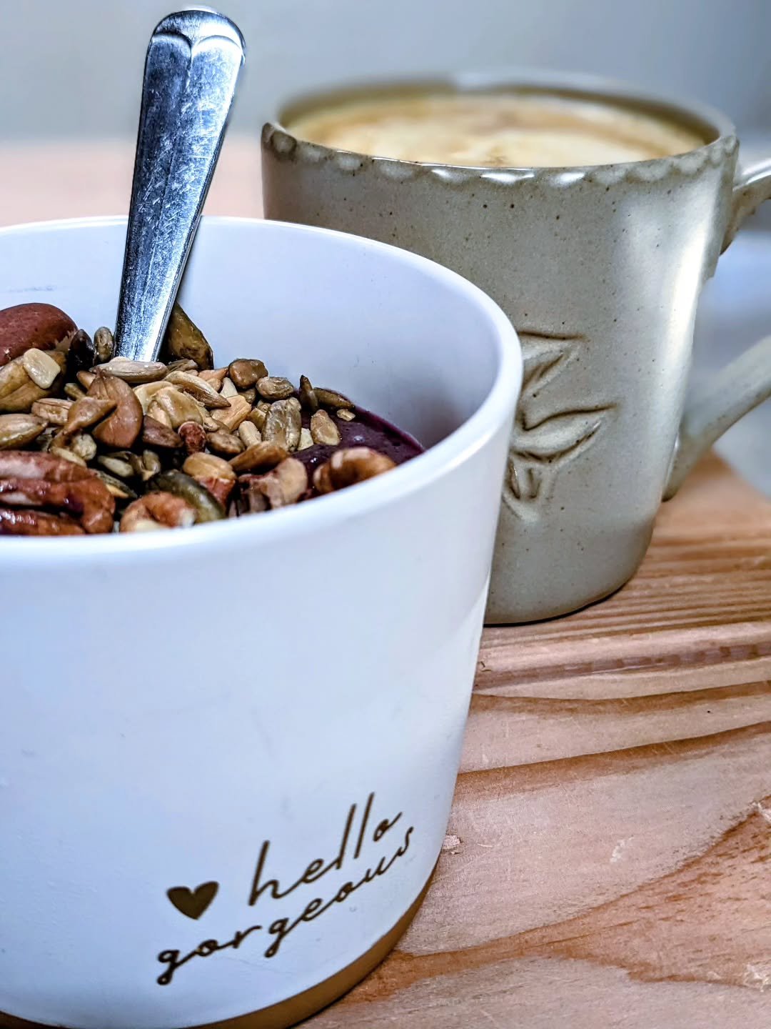 Hello Gorgeous!

Detox / Reset Day 1's breakfast:

SCD Blueberry, Spinach, Ginger topper with sprouted &amp; toasted nuts &amp; seeds

Iron Rich Root Latt&eacute; made with dandelion root, yellow dock, reishi mushroom &amp; full-fat coconut milk

Not