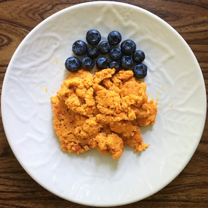 Pre-Cooked Yellow & Orange Peppers blended with an egg, scrambled up!
