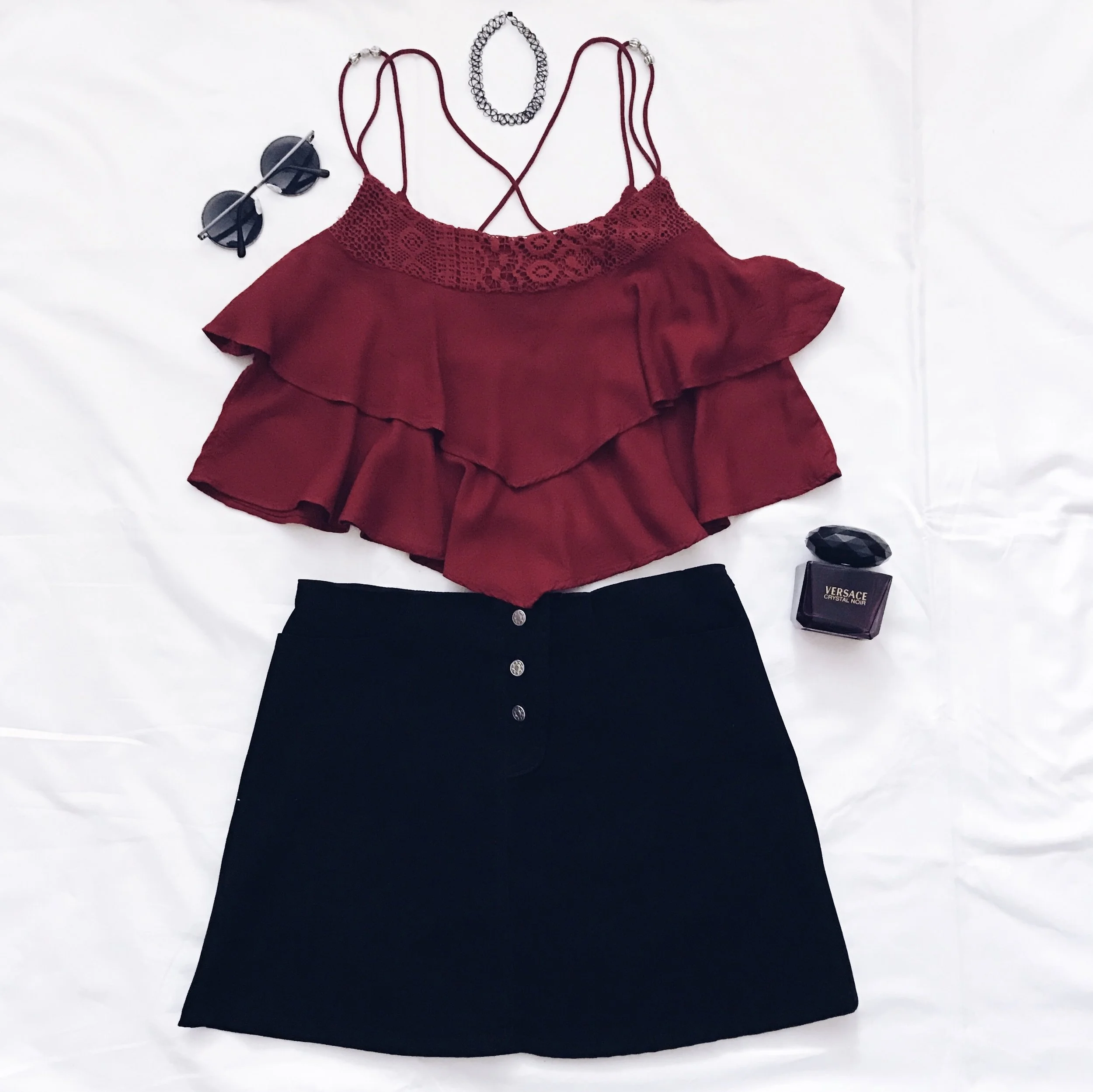 Crop Top & Sunglasses : H&M Black Skirt: I have no idea :D Perfume: Versace Wire Choker: Dolls Kill