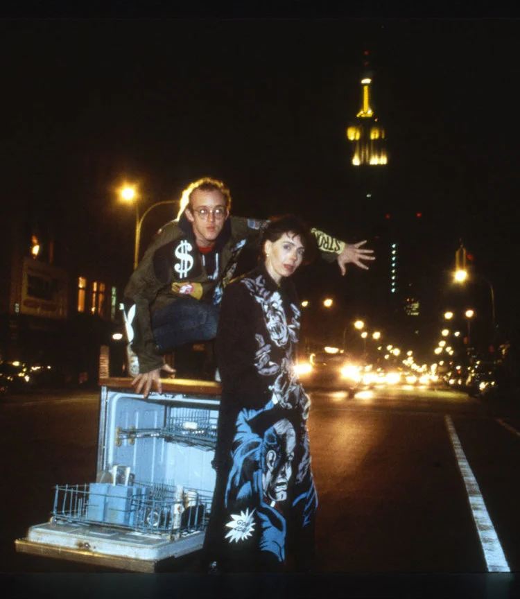 Suzan Pitt with Keith Haring, wearing jackets painted by Suzan, NYC 1980s