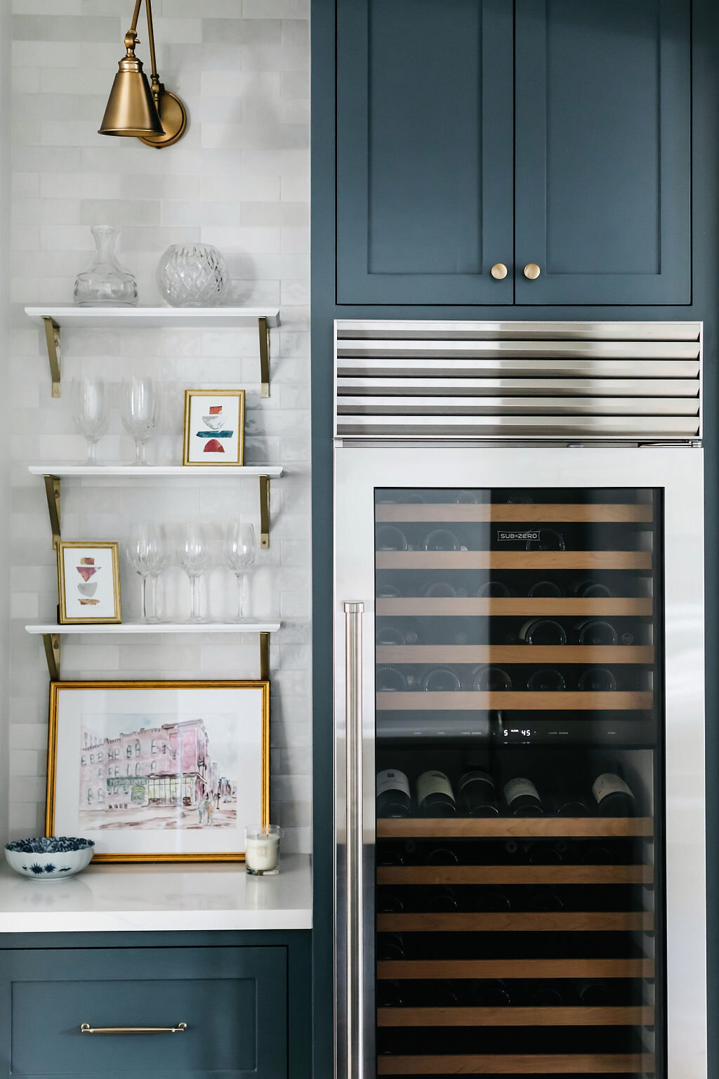 Blue Kitchen with White Marble and Wine Fridge | Houston Interior Design Firm