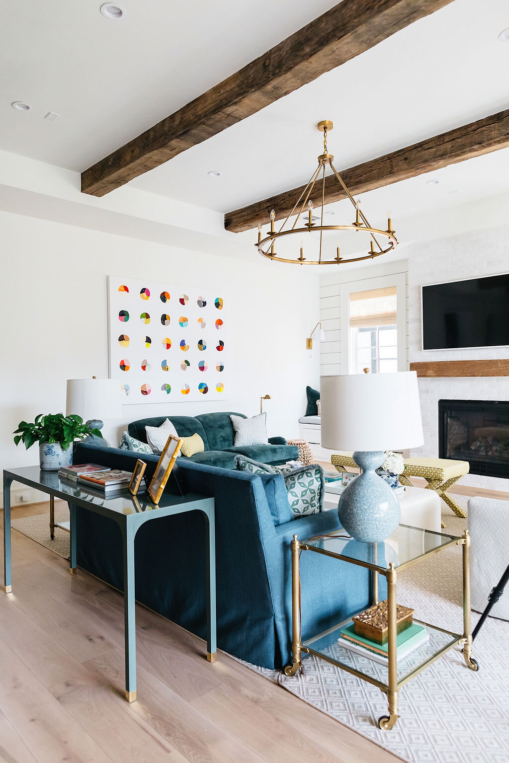 Blue Velvet Couch in Living Room Next to Kitchen | Houston Interior Design Firm