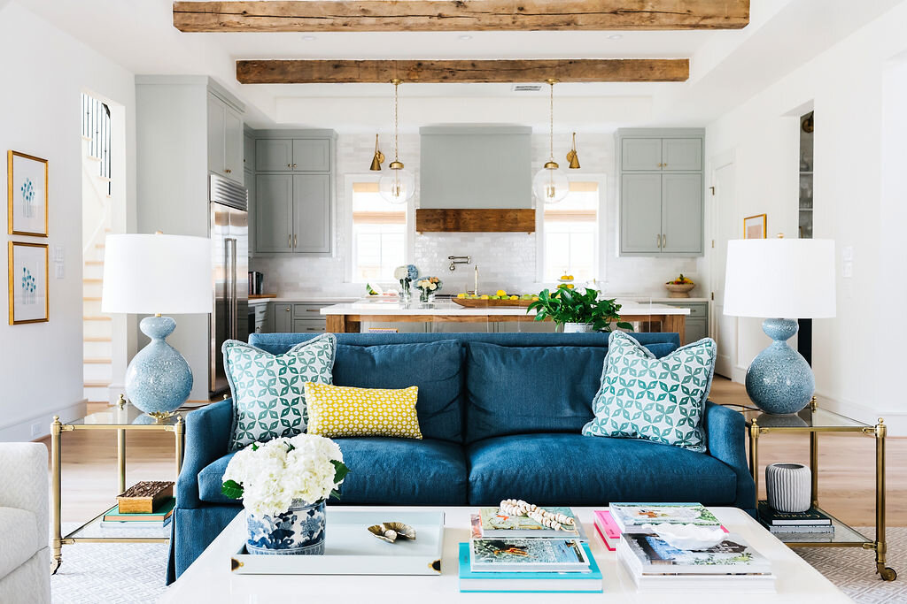 Blue Velvet Couch in Living Room Next to Kitchen | Houston Interior Design Firm