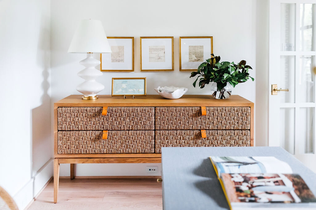 Orange Bureau in White Bedroom with Lamp | Houston Interior Design Firm
