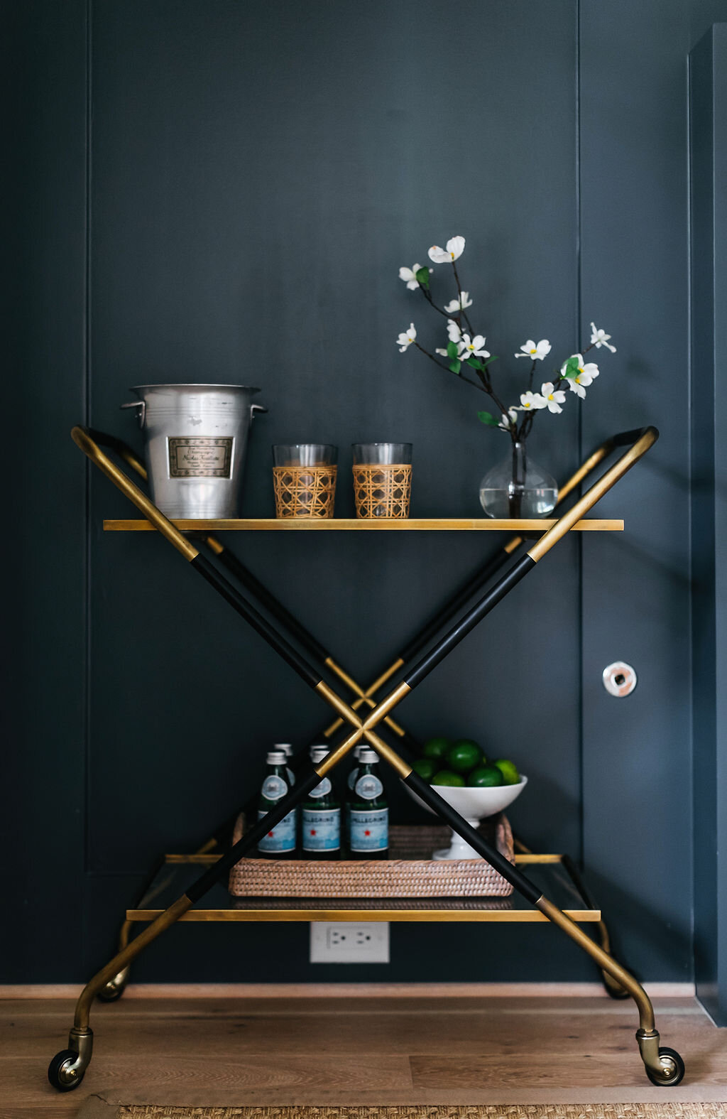 Blue Wallpaper with Gold Bar Cart | Houston Interior Design Firm