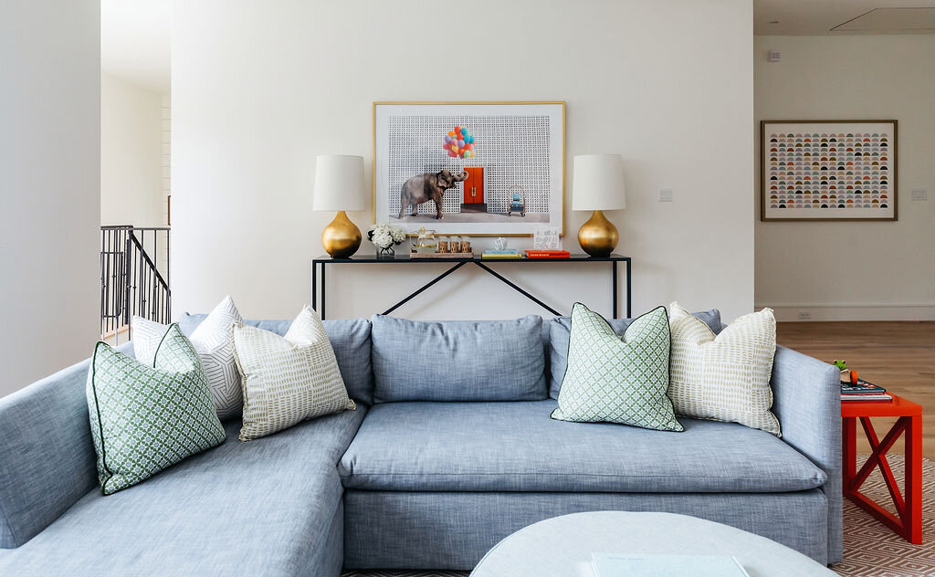 Blue Couch in White Living Room | Houston Interior Design Firm