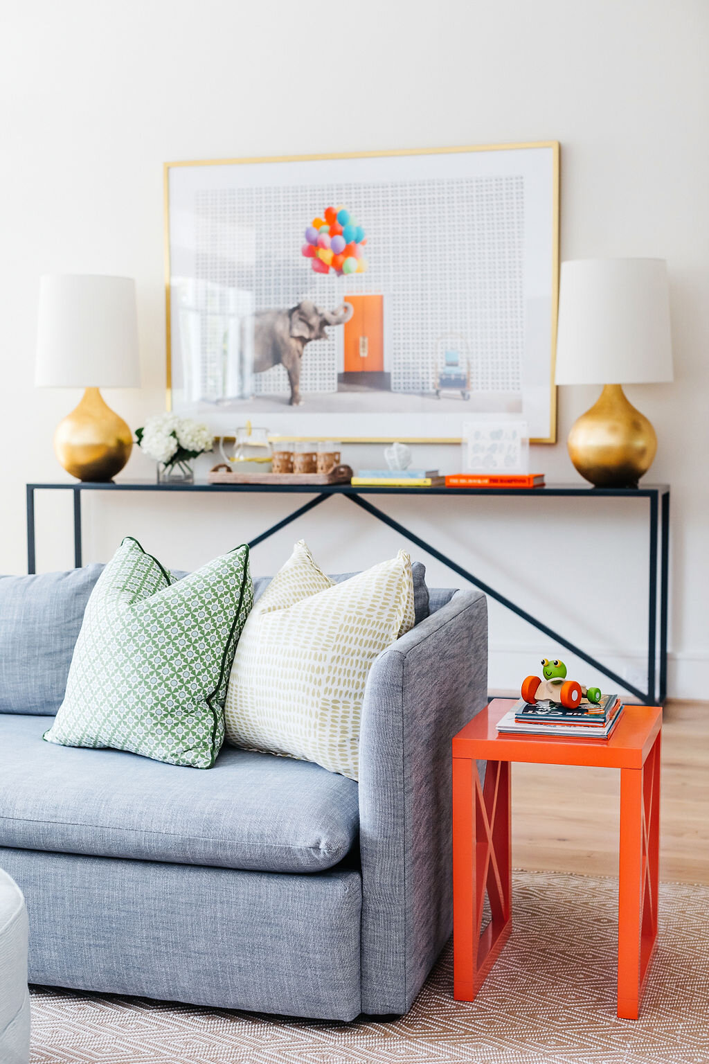 Blue Couch in White Living Room | Houston Interior Design Firm