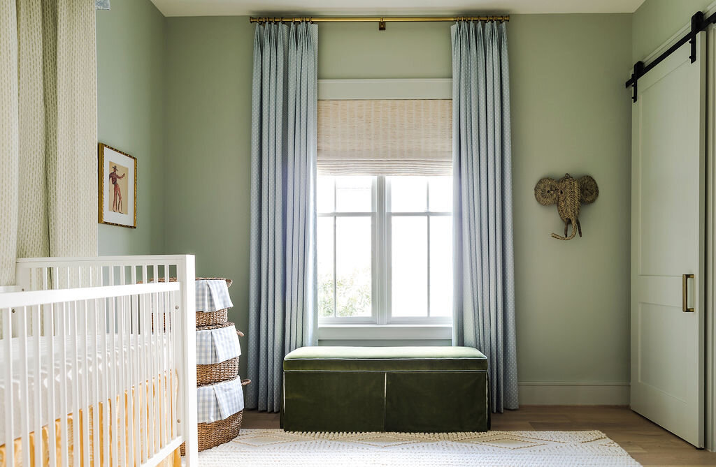 Window in Baby Room with Green Wallpaper | Houston Interior Design Firm