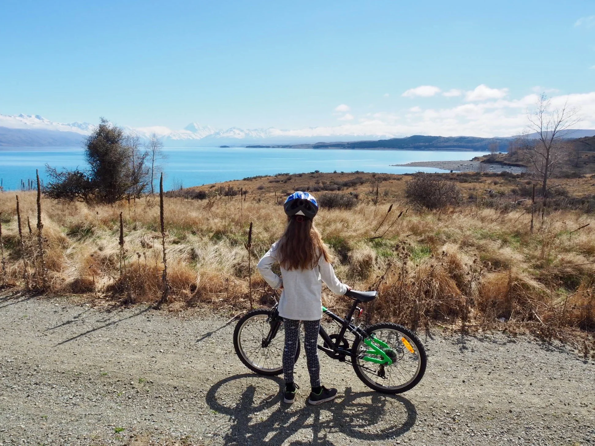 Ella on our first day of cycling the A2O. This is the beautiful Lake Pukaki and most of this section is off road.