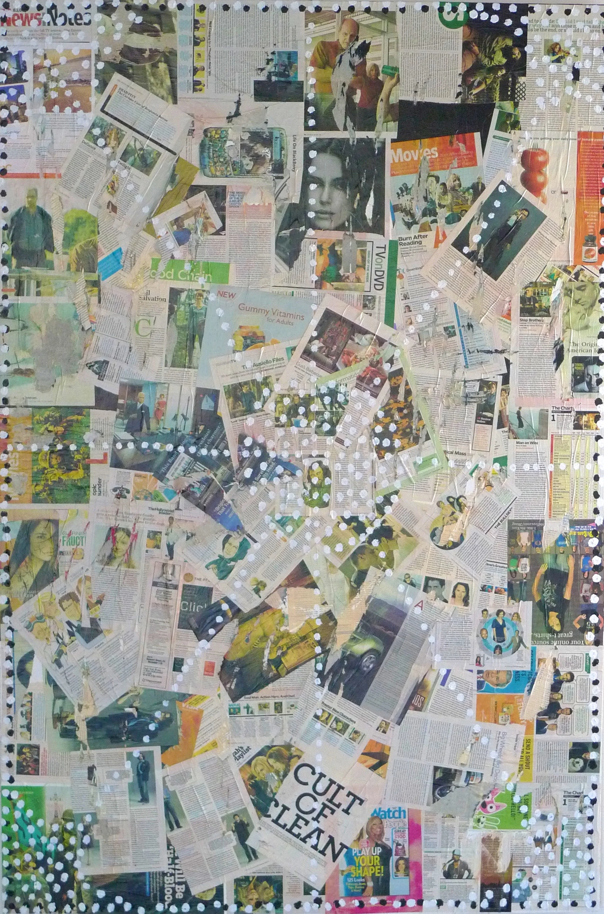  Headlines (2009):&nbsp; oil paint, magazines on wood panel, 48"x34"  