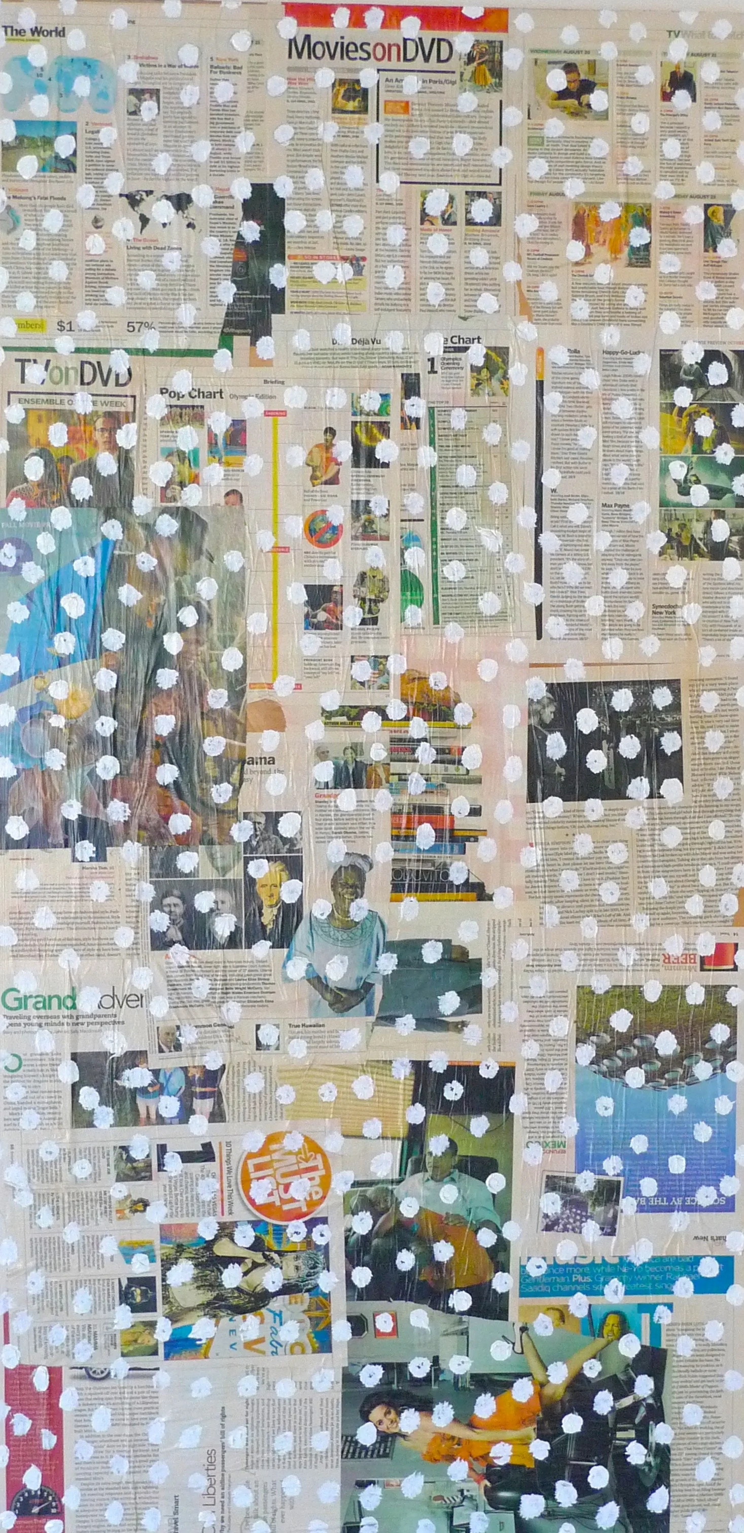  Around (2009):&nbsp; oil paint, magazines on wood panel, 60"x33"  