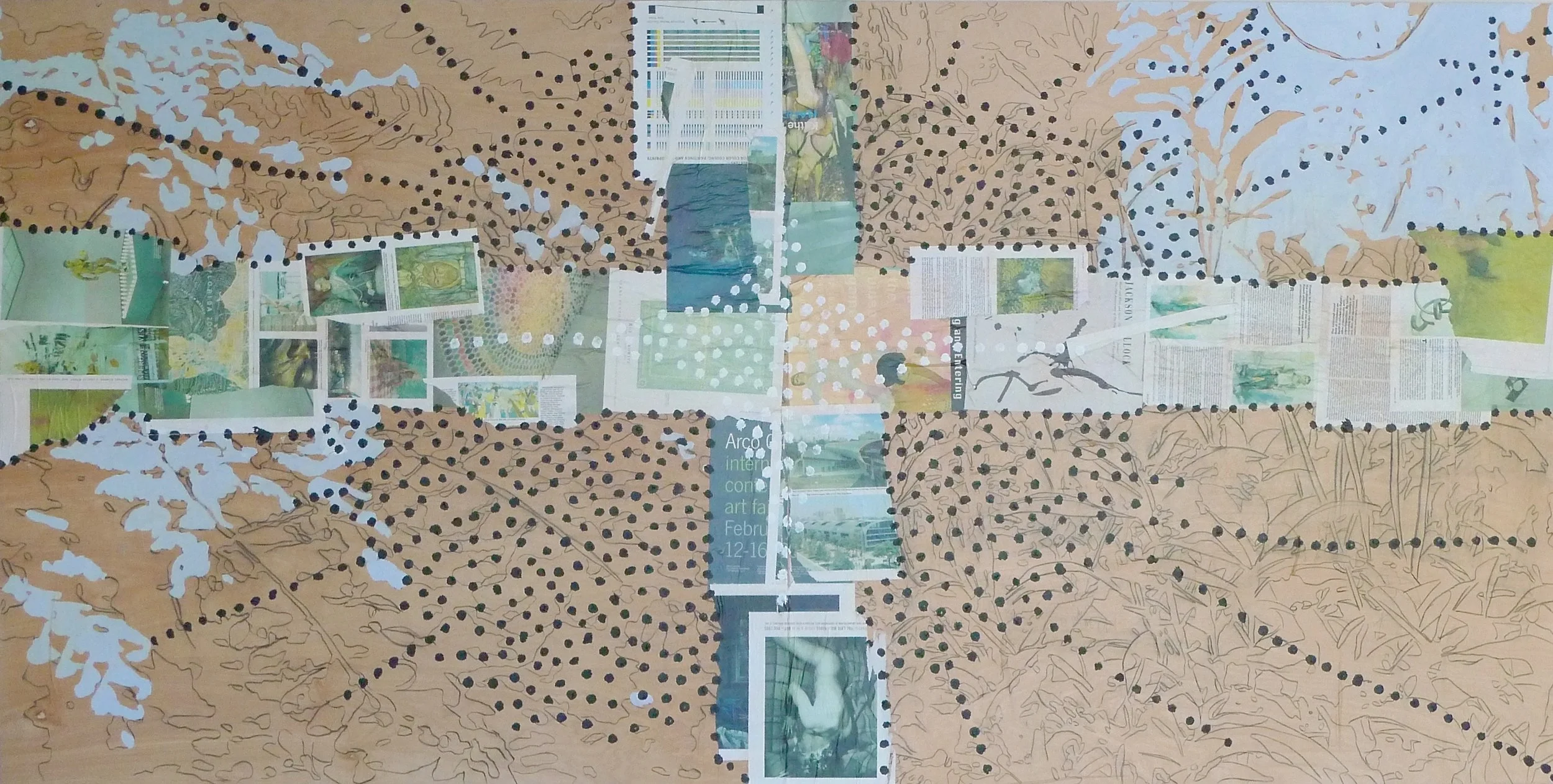  All around (2009):&nbsp; oil paint, acrylic,&nbsp;magazines on wood panel, 48"x96"  