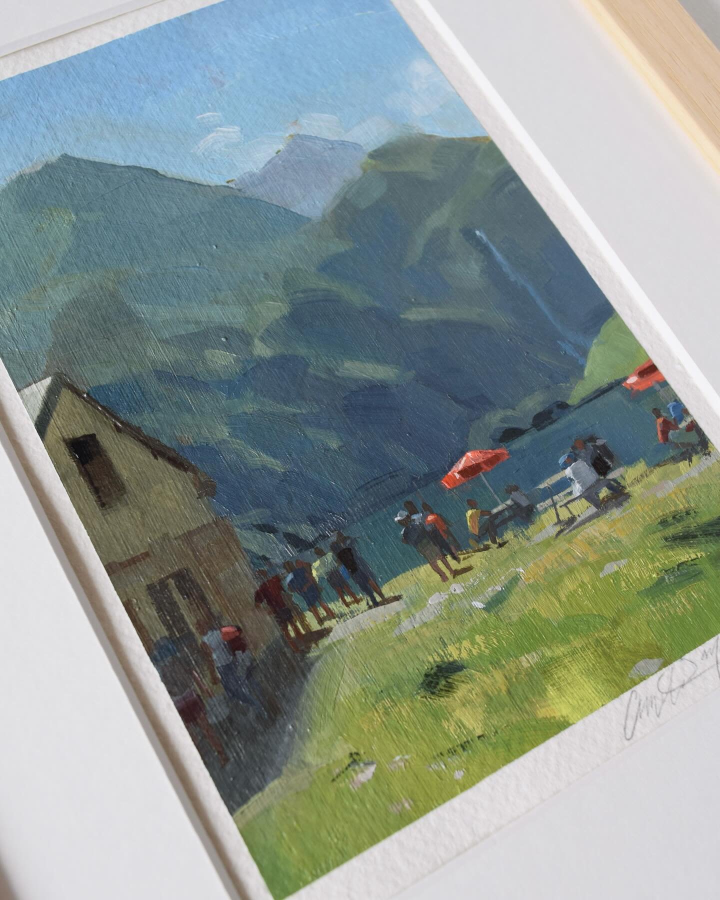 I can almost feel the warm breeze blowing over me as I take in this French mountain picnic scene. I loved working on the colors of this one - the subtle blues and purples of the mountains, the cherry red umbrellas dancing in the wind against a turquo