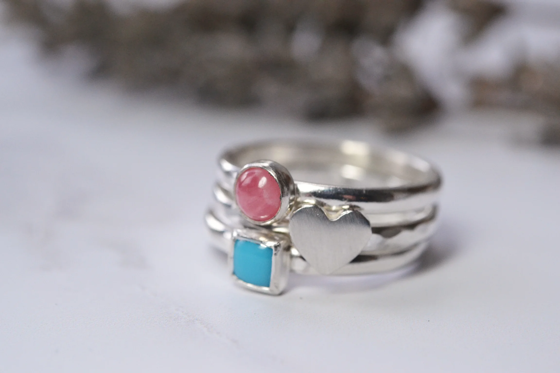 rhodocrosite and turquoise, silver heart stack.jpg