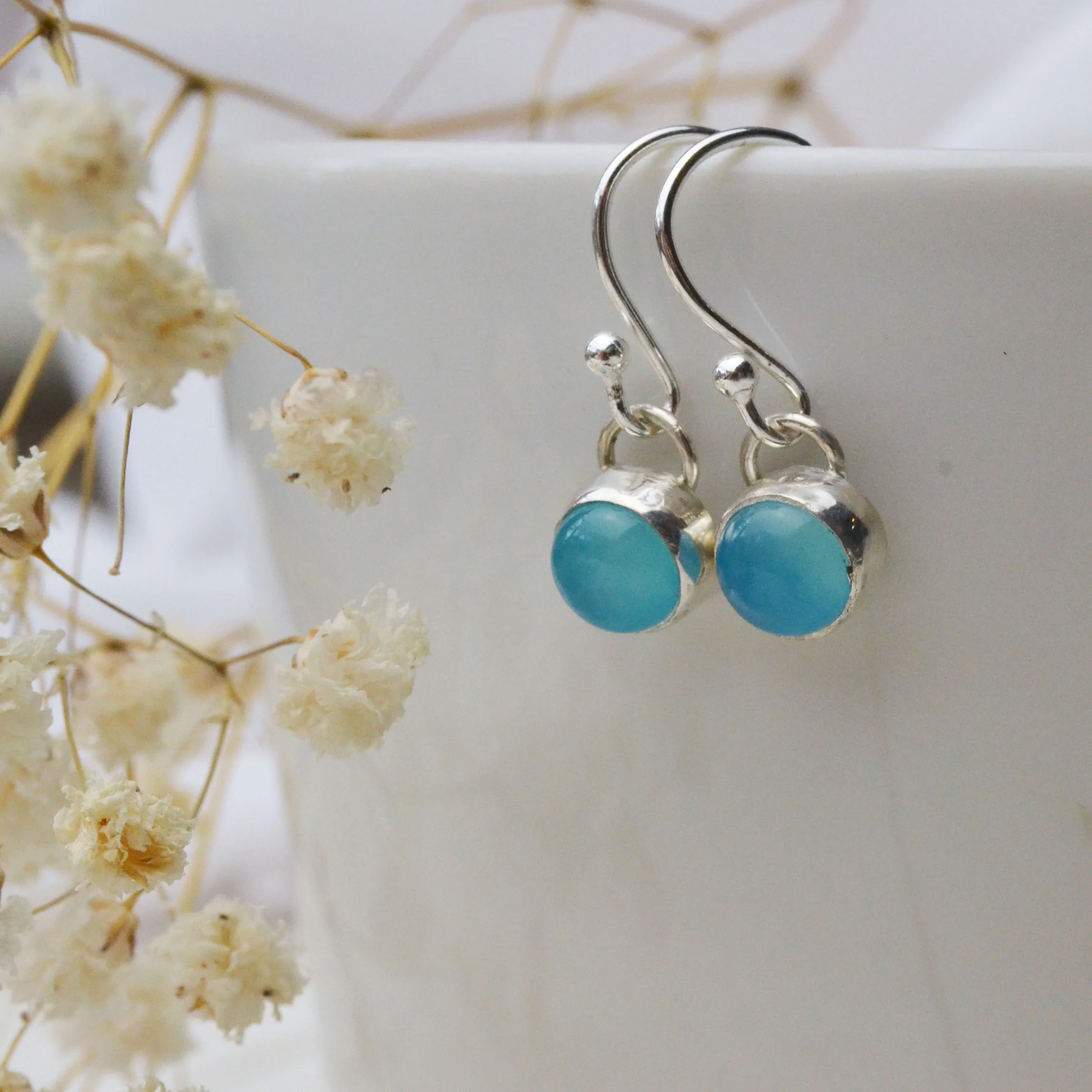 Birthstone/ gemstone dangle earrings in Sea Blue Agate