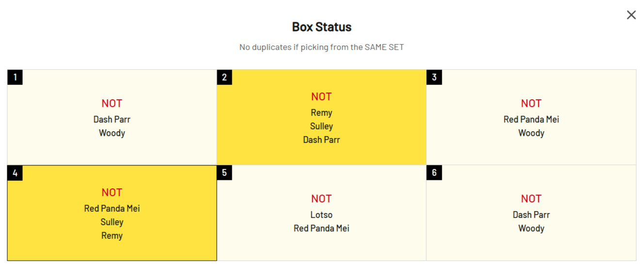 Pop Mart Pop Now Box Status screen displaying the characters ruled out for each of six DIMOO WORLD × Pixar blind boxes. Some boxes exclude Woody entirely, while box four rules out Red Panda Mei, Sulley and Remy.