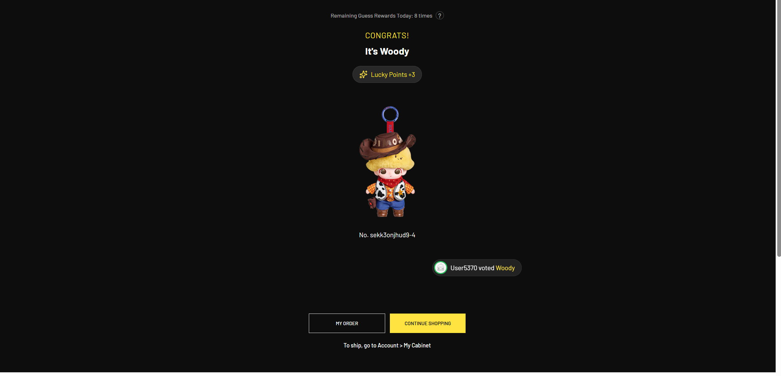 Pop Mart Pop Now confirmation screen showing “Congrats! It’s Woody” after box four was selected from the DIMOO WORLD × Pixar series. The purchase also earned three additional Lucky Points.
