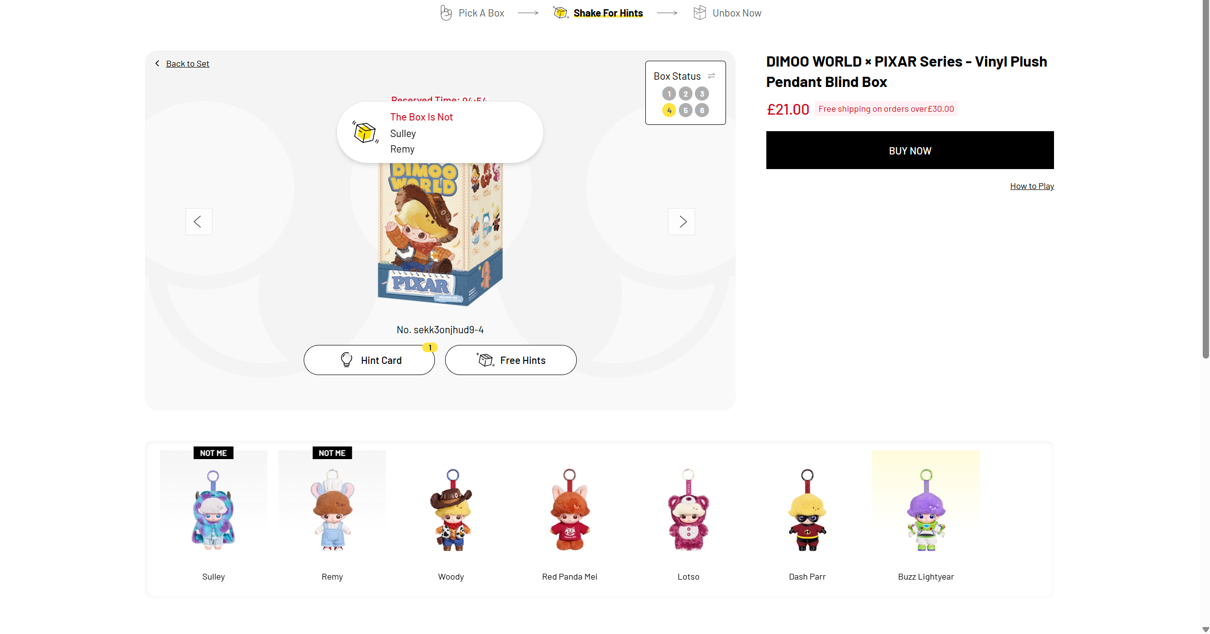 Pop Mart’s Pop Now interface showing a DIMOO WORLD × Pixar box with Sulley and Remy ruled out. The full character line-up remains visible below while the shopper decides whether to buy.
