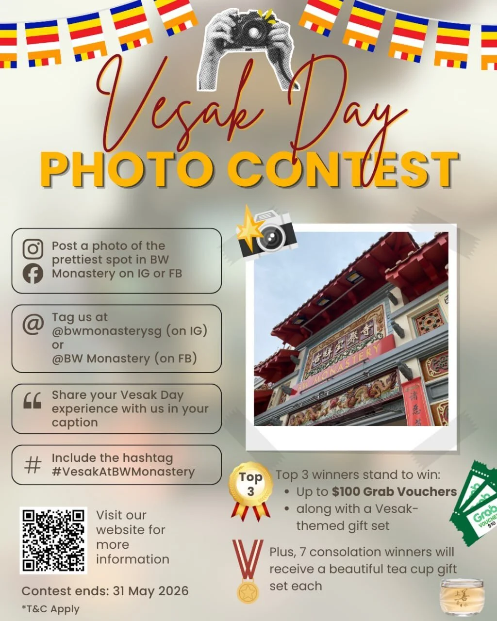 📸✨ Vesak Day Photo Contest 2026 ✨📸

This Vesak Day, capture the beauty, peace, and joy of your experience at BW Monastery 🙏💛

From serene prayer halls to meaningful moments shared with loved ones &mdash; we invite you to share your favourite spot