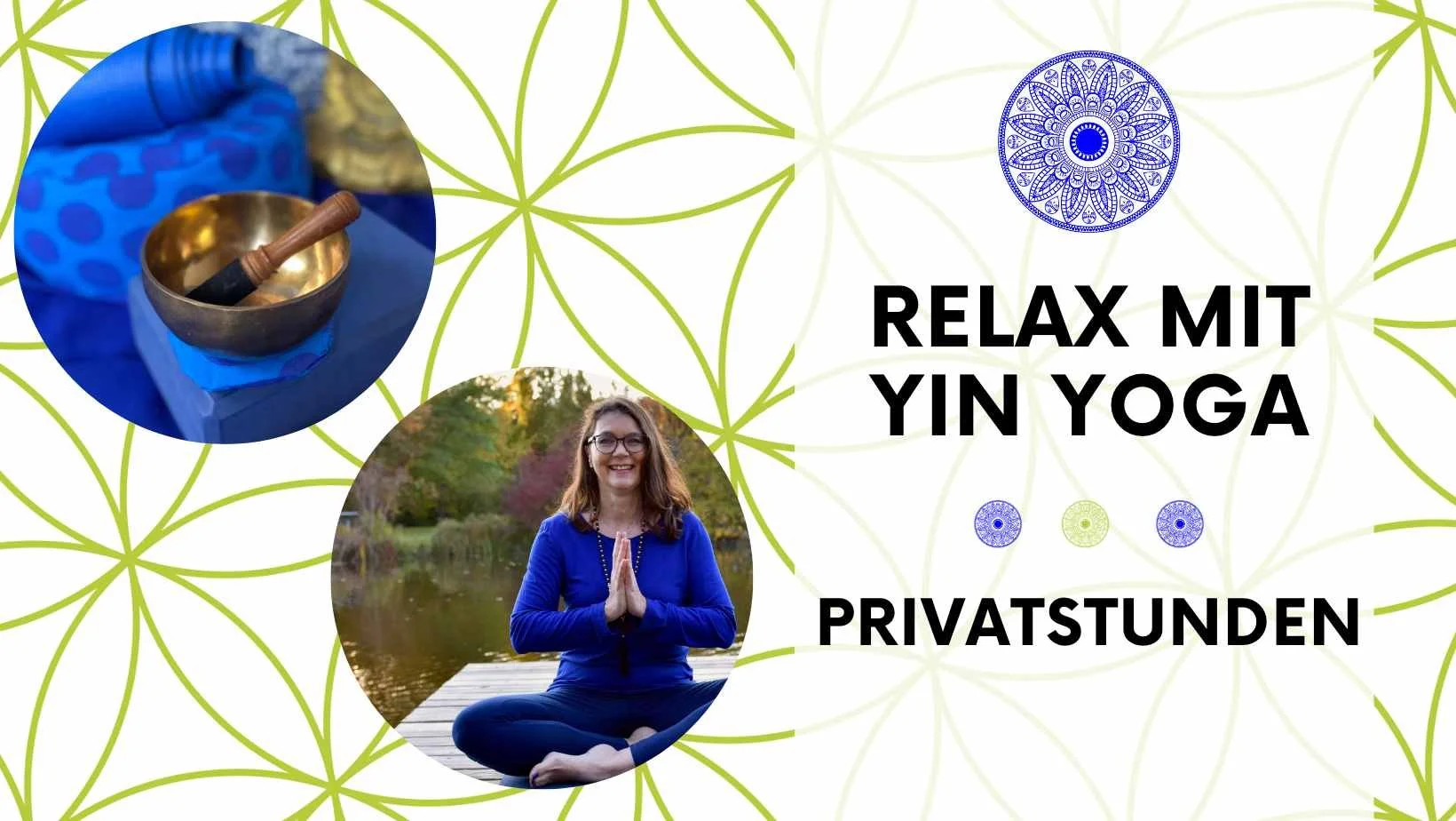 Werbung für private Yoga-Einheiten mit dem Slogan 'Relax mit Yin Yoga', zeigt eine lachende Frau in Yogahaltung und ein tibetisches Klangspiel auf einem blauen Tuch.