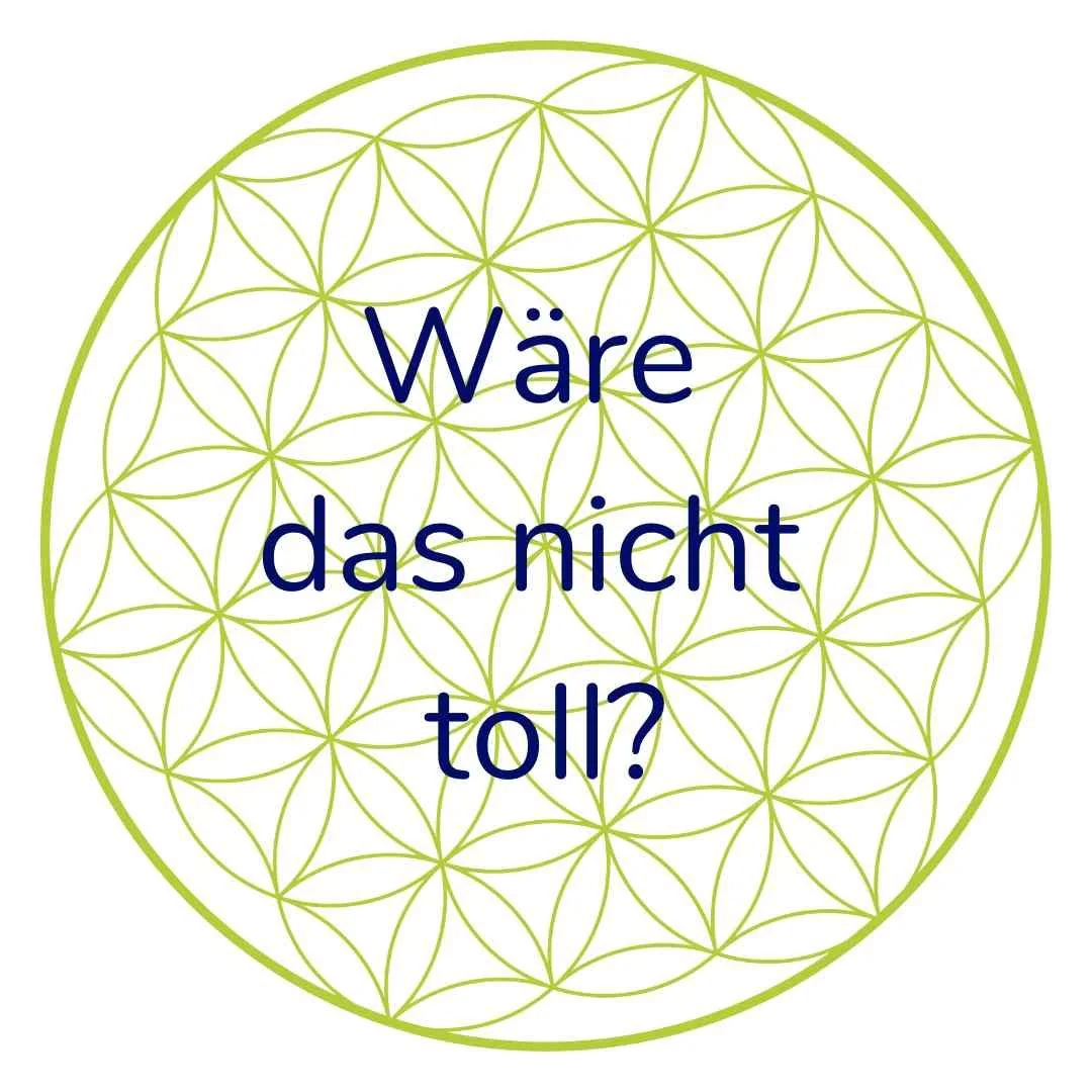 Ein grüner Kreis mit einem geometrischen Muster und der deutschen Frage 'Wäre das nicht toll?'
