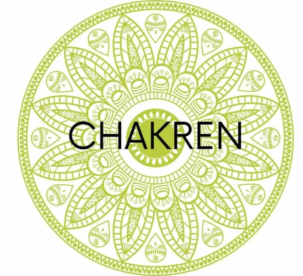 Ein grünes Mandala mit Blumen- und Blättermotiven, im Zentrum steht das Wort 'Chakren'.