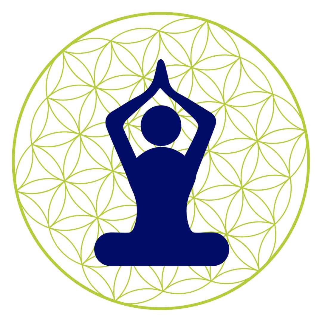 Blauer Mensch in Yoga-Position vor geometrischem Hintergrund mit Blumenmuster.